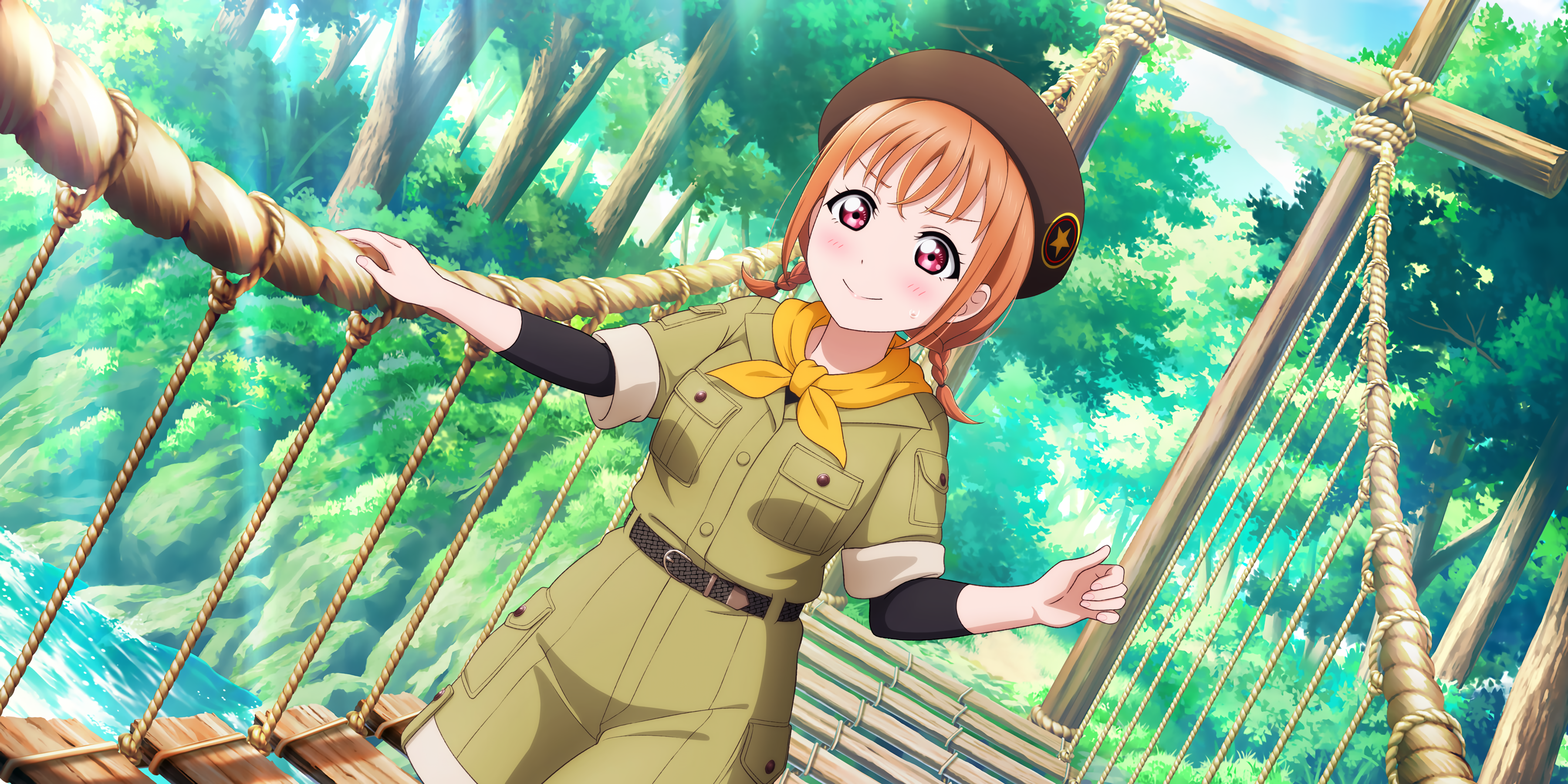 Takami Chika Love Live Love Live Sunshine Anime Girls Anime Uniform Scarf Smiling Blushing Hat Braid 3600x1800