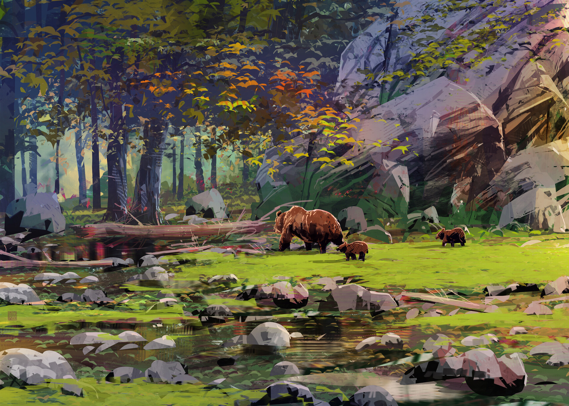 Artwork Digital Art Nature Bears Trees Rocks Animals 1920x1371