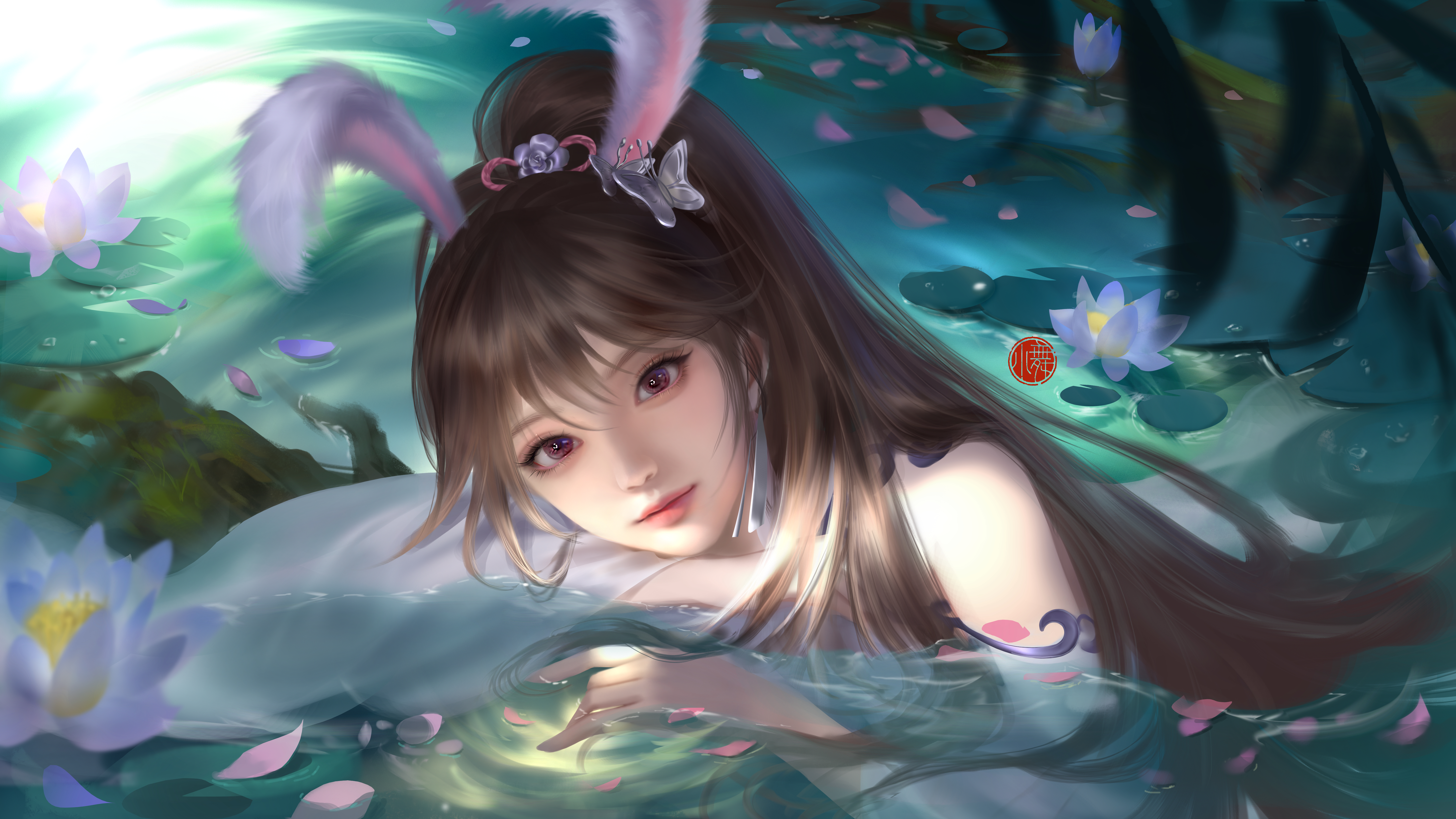 Anime Girls Animal Ears Bunny Ears Xiao Wu Water In Water Petals Eyebags 5906x3322