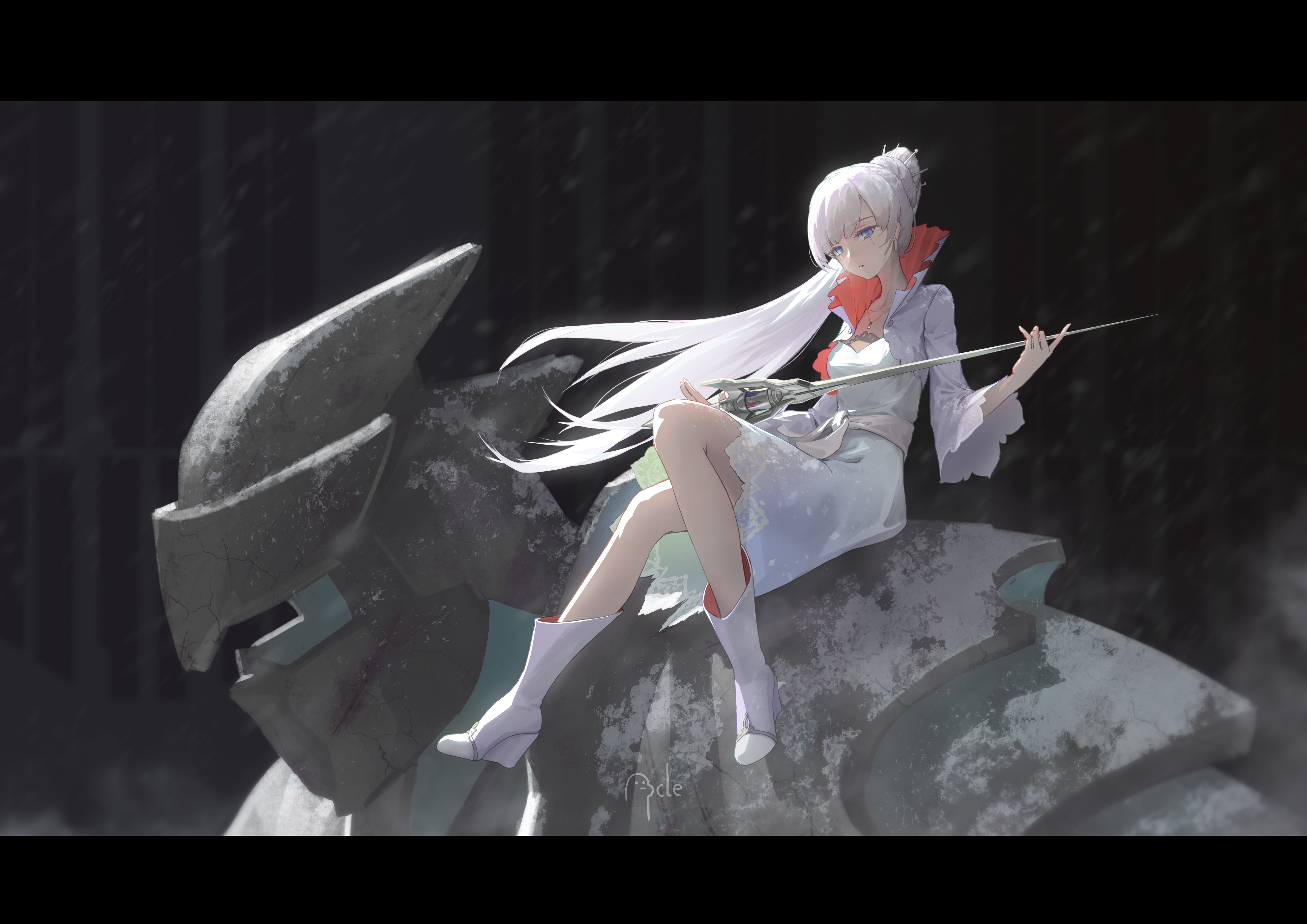 Anime Anime Girls Pixiv Weiss Schnee RWBY Looking At Viewer Sitting Long Hair Women With Swords Swor 4961x3508