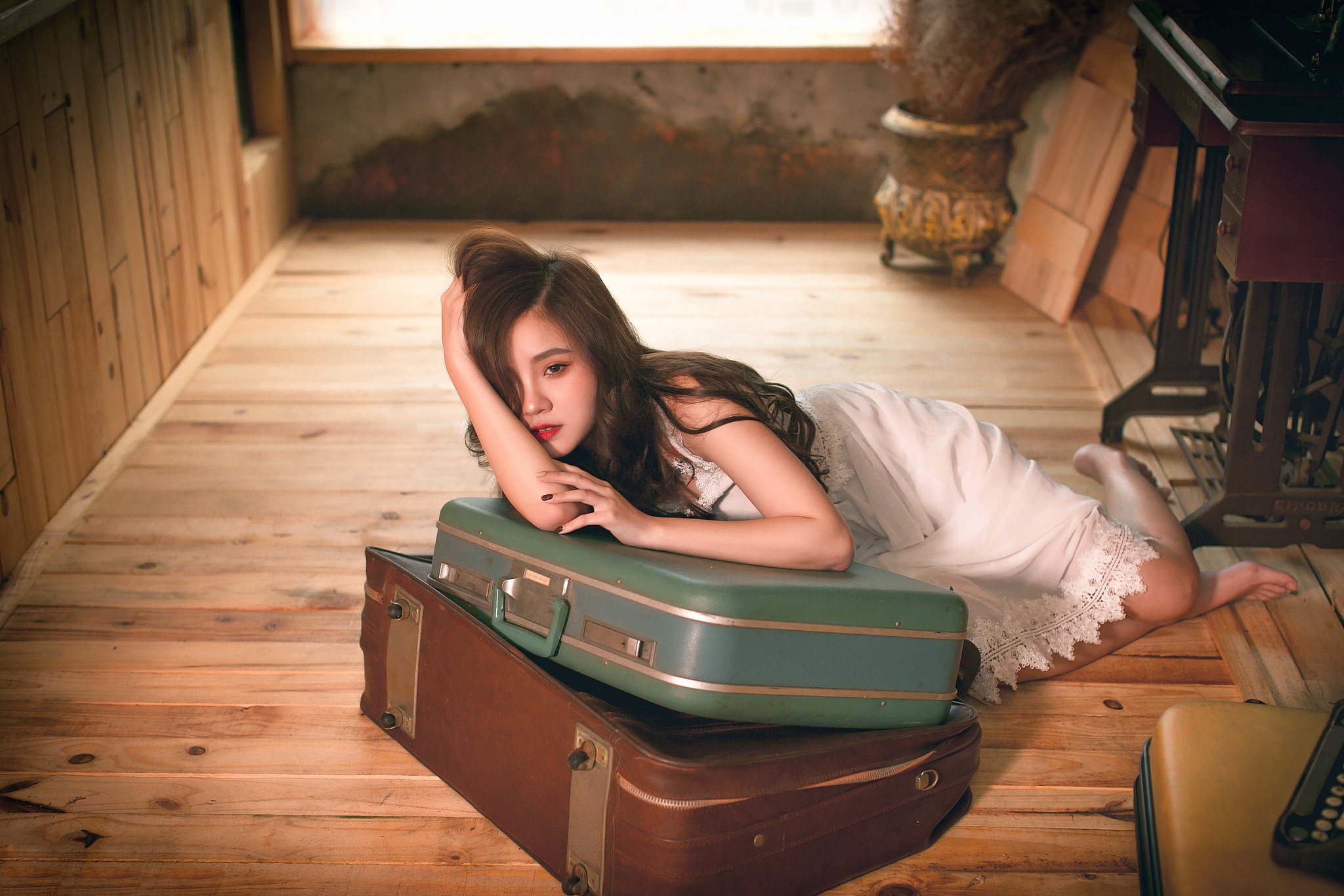 Model Red Lipstick Asian Hands In Hair White Clothing Long Hair Lying On Front Suitcase Women Brunet 2048x1365
