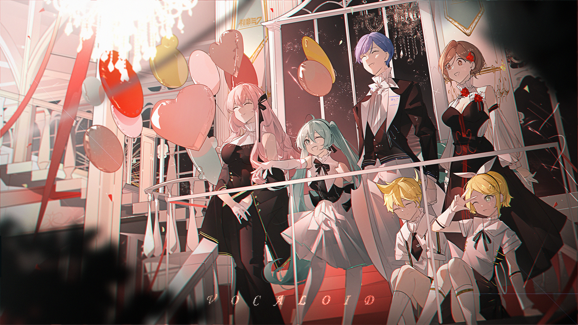 Anime Anime Girls Vocaloid Hatsune Miku Megurine Luka Balloon Kagamine Len Stairs Kagamine Rin Night 1920x1080