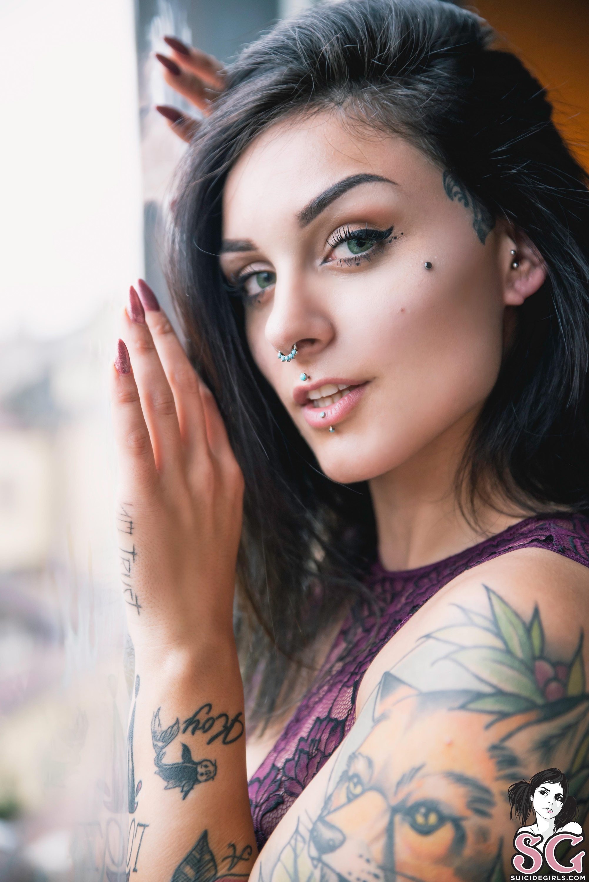 Women Model Inked Girls Brunette Tattoo Face Vertical Blue Eyes Eyeliner Pierced Nose Window Looking 2003x3000