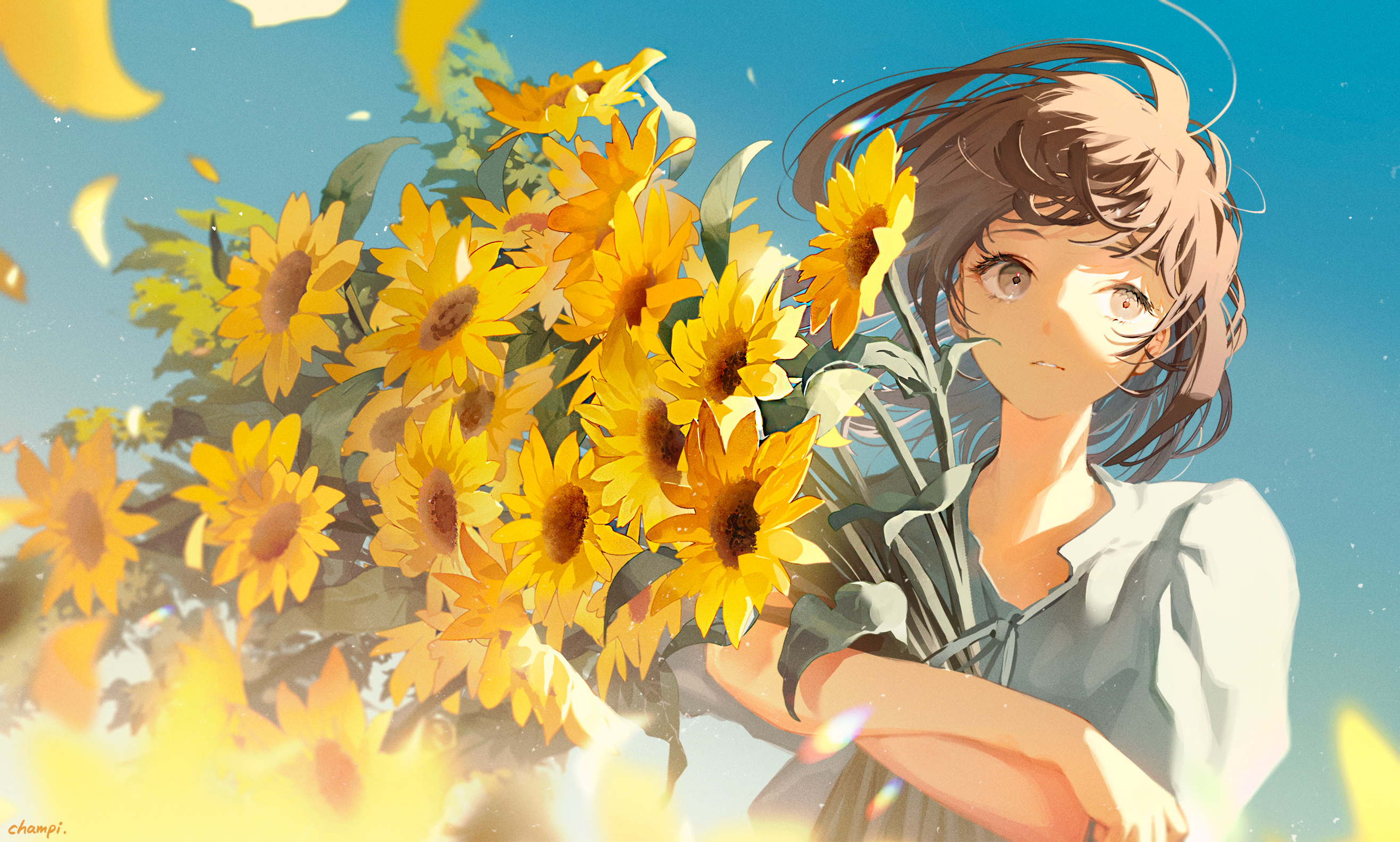 Digital Art Artwork Illustration Women Anime Anime Girls Flowers Sunflowers Looking At The Side Brun 2635x1585