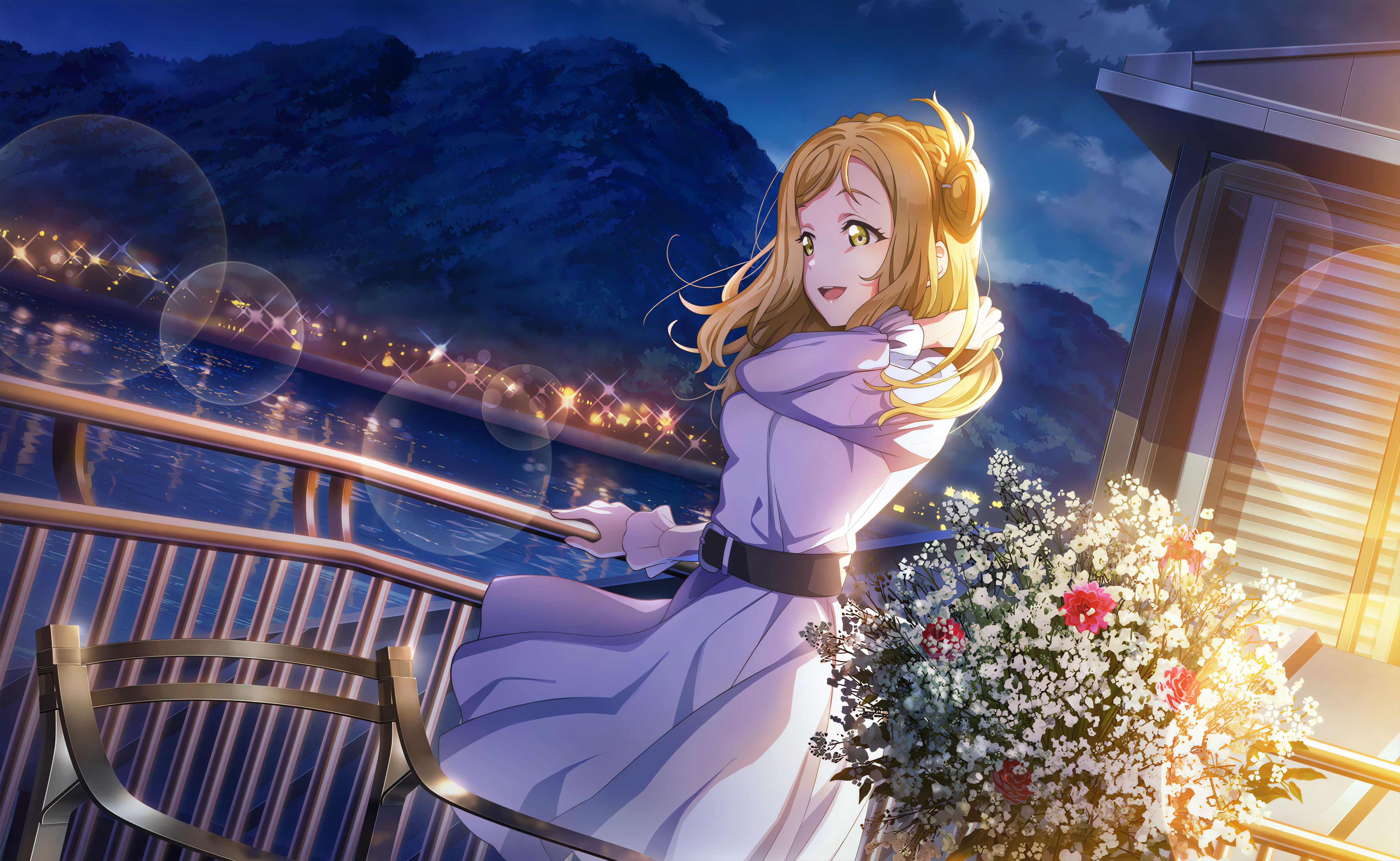 Ohara Mari Love Live Love Live Sunshine Anime Anime Girls Flowers Night Mountains Sky Clouds Water C 4096x2520