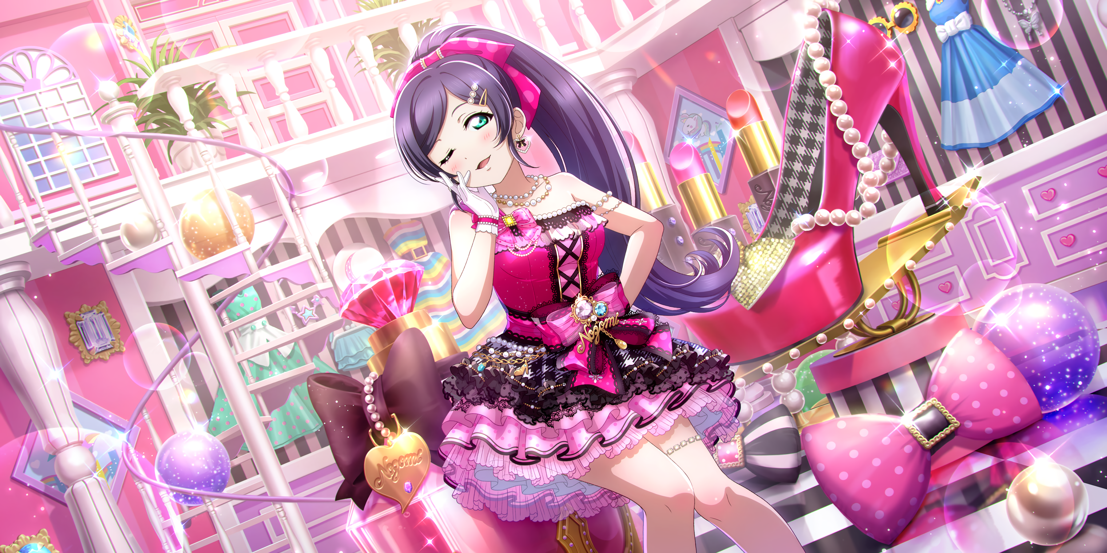 Toujou Nozomi Love Live Anime Anime Girls One Eye Closed Ponytail Dress Bow Tie Stairs Diamonds Heel 3600x1800