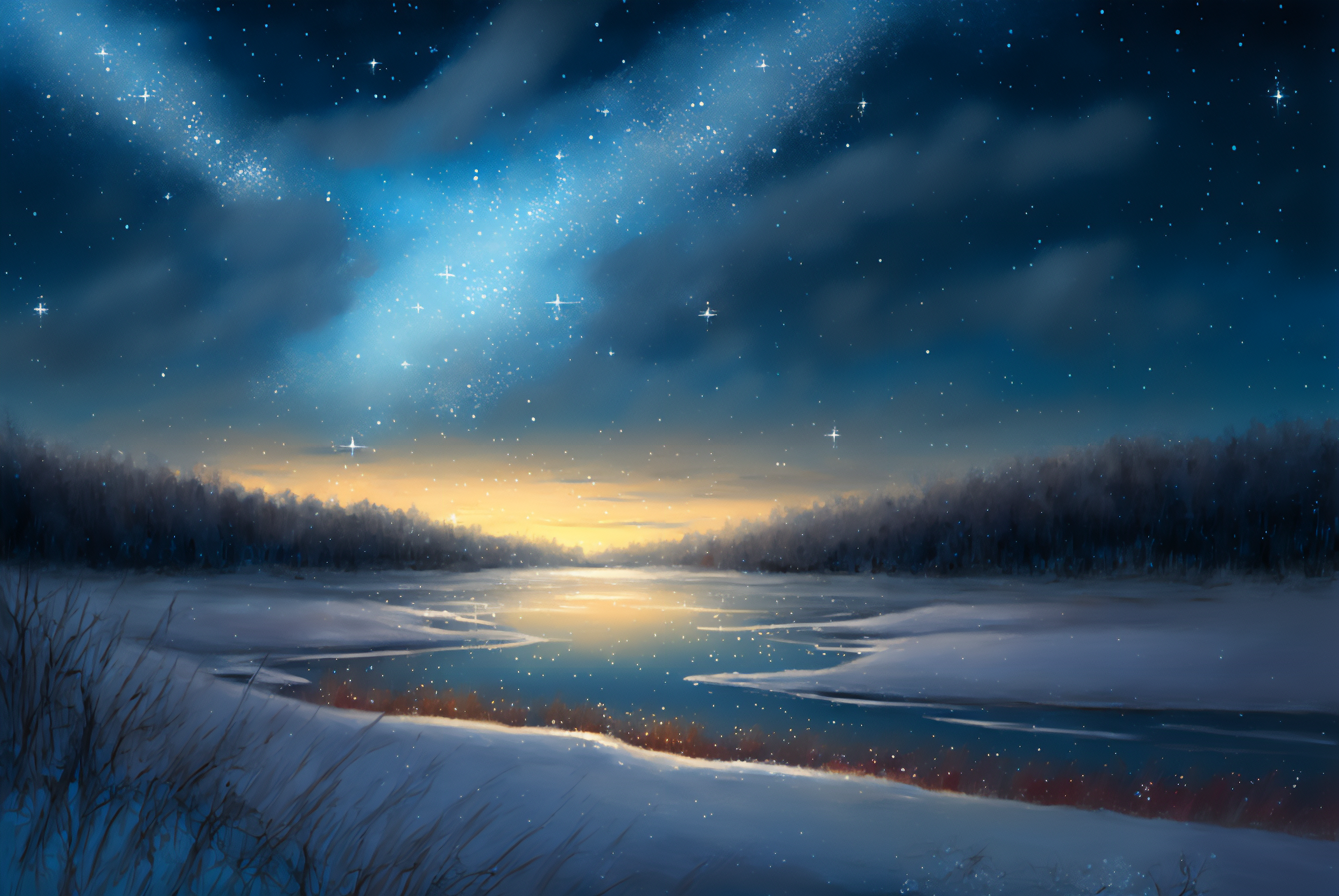 Ai Art Winter Snow Trees Painting Illustration Night Sky Sky Starry Night Nature Water 3060x2048