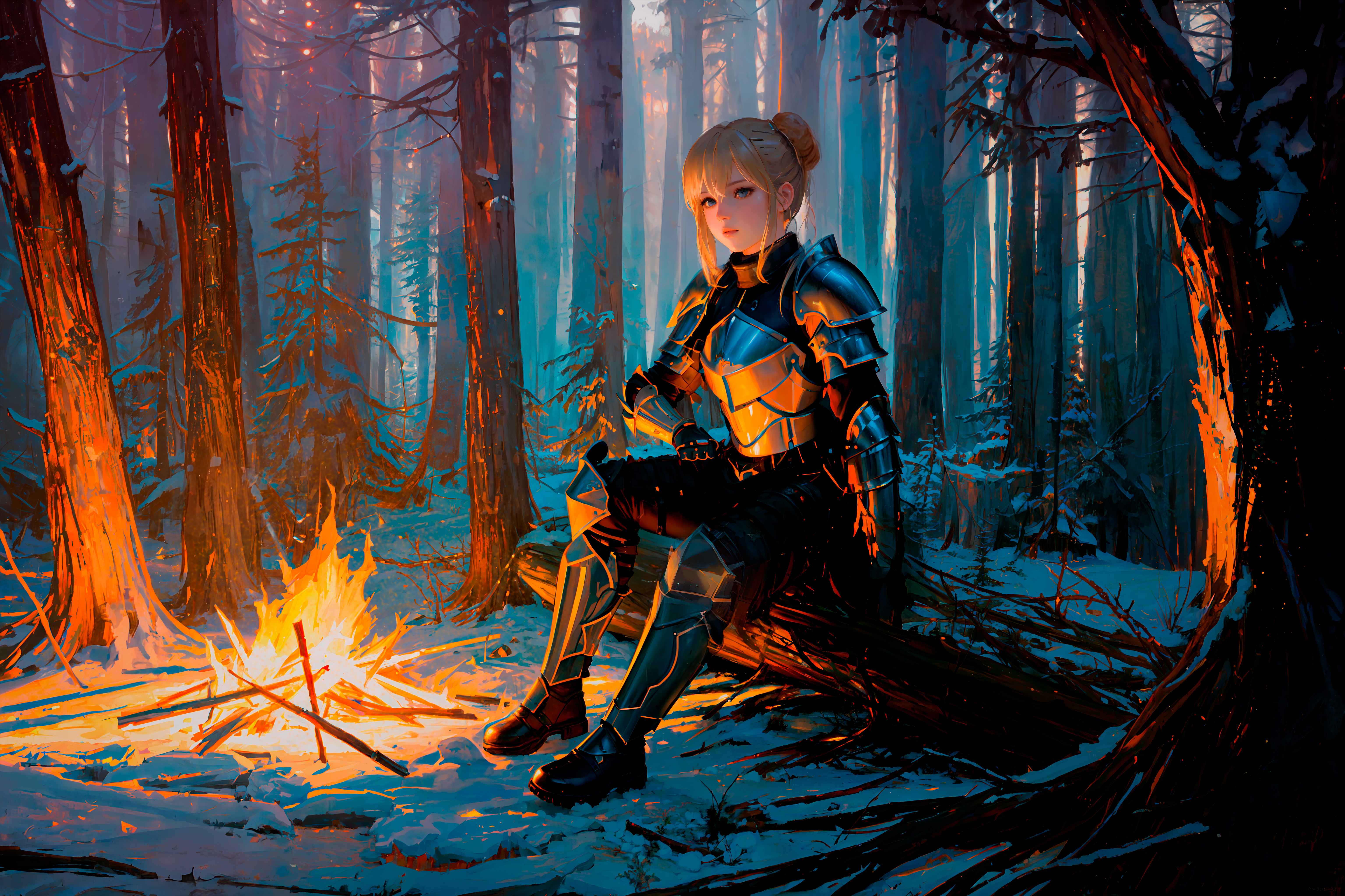 Stable Diffusion Neural Network Forest Mist Dark Campfire Bonfire Warrior Sitting Armor Blonde Souls 6144x4096