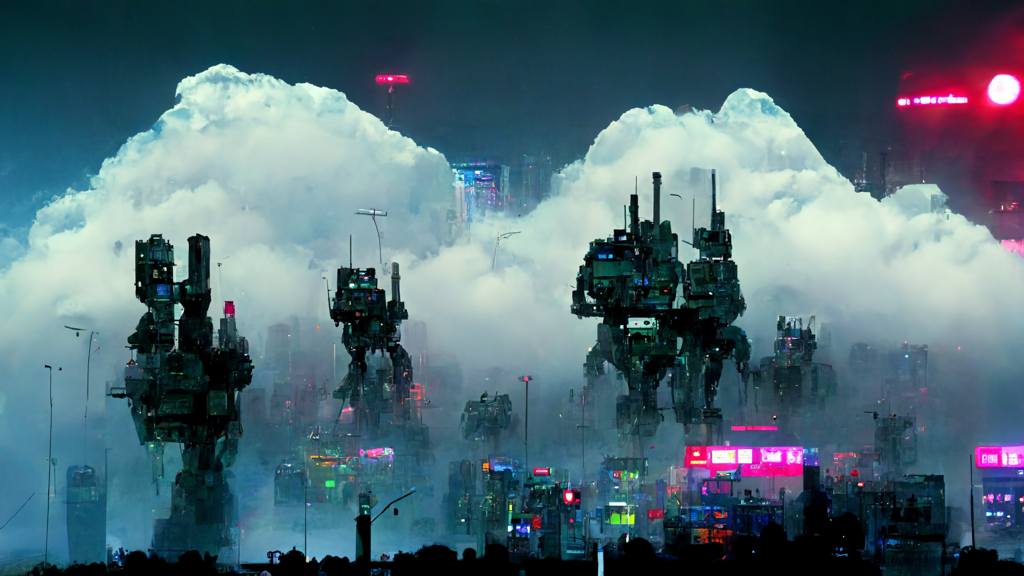 Futuristic Mechs Clouds City Cyberpunk Mist Signs Ai 2048x1152