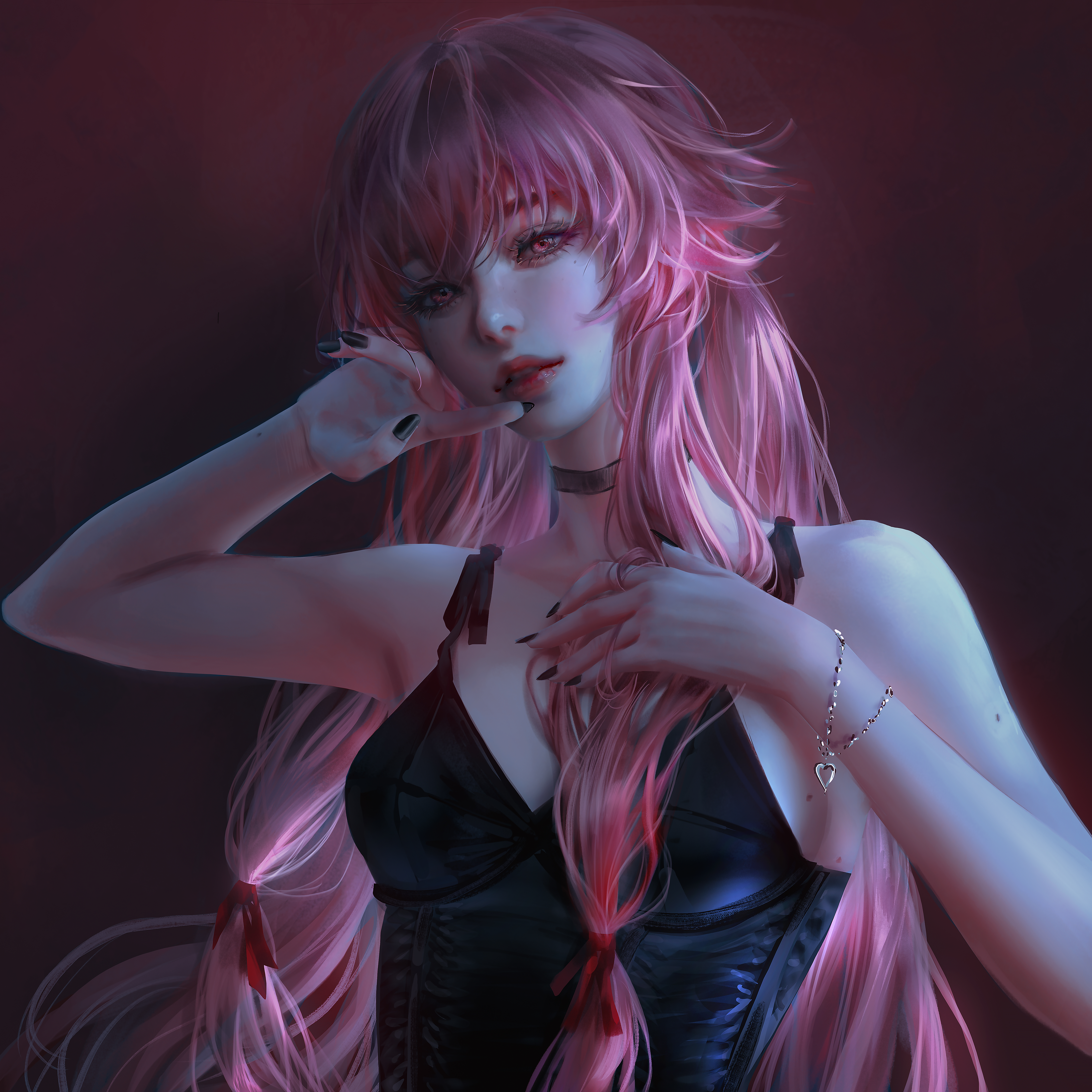 Nixeu Digital Art Artwork Illustration Women Long Hair Pink Hair Dress Black Dress Red Lipstick Twin 6000x6000