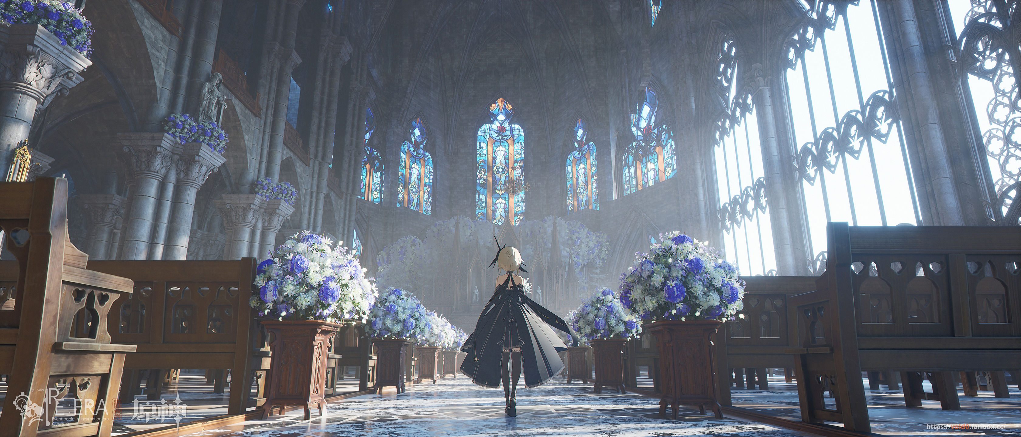 Anime Anime Girls Genshin Impact Lumine Genshin Impact Flowers Cathedral Stained Glass 3360x1440