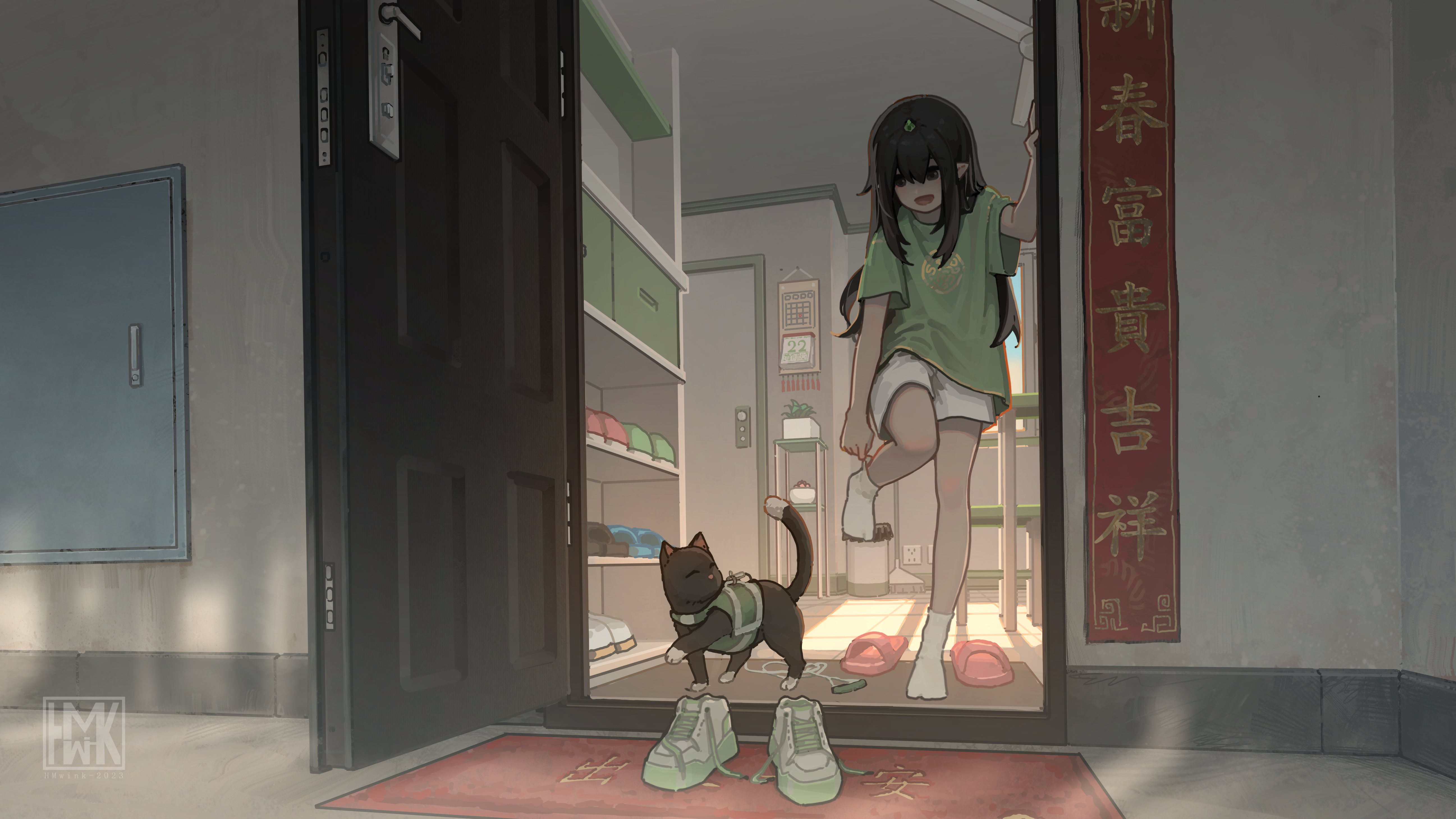 Hua Ming Wink Yun Xi Anime Anime Girls Long Hair Cats Animals Shoes Standing On One Leg Door Doorway 5189x2919