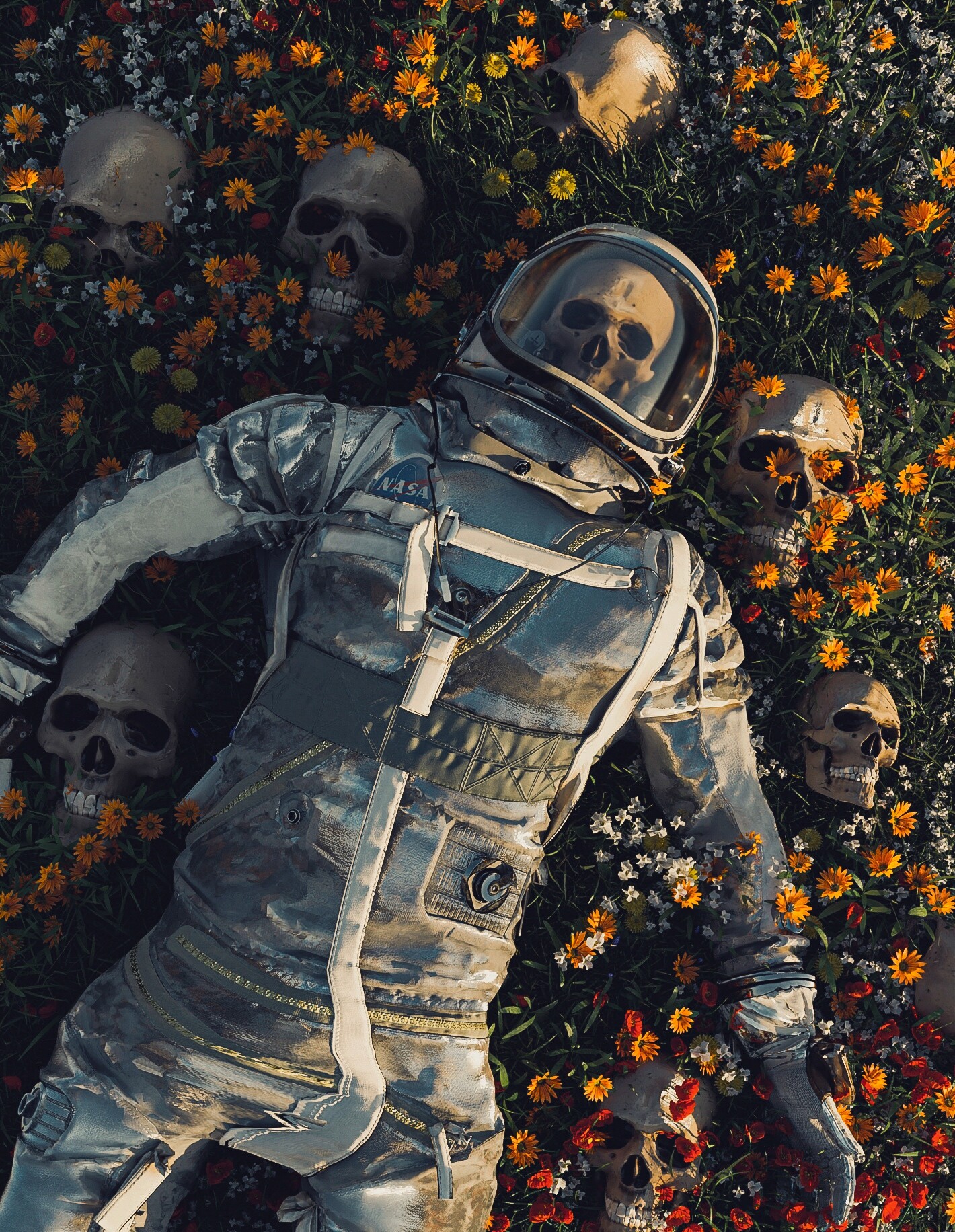 Digital Art Artwork Illustration Astronaut Skull Vertical Flowers Lying Down Death NASA Spacesuit 1420x1832