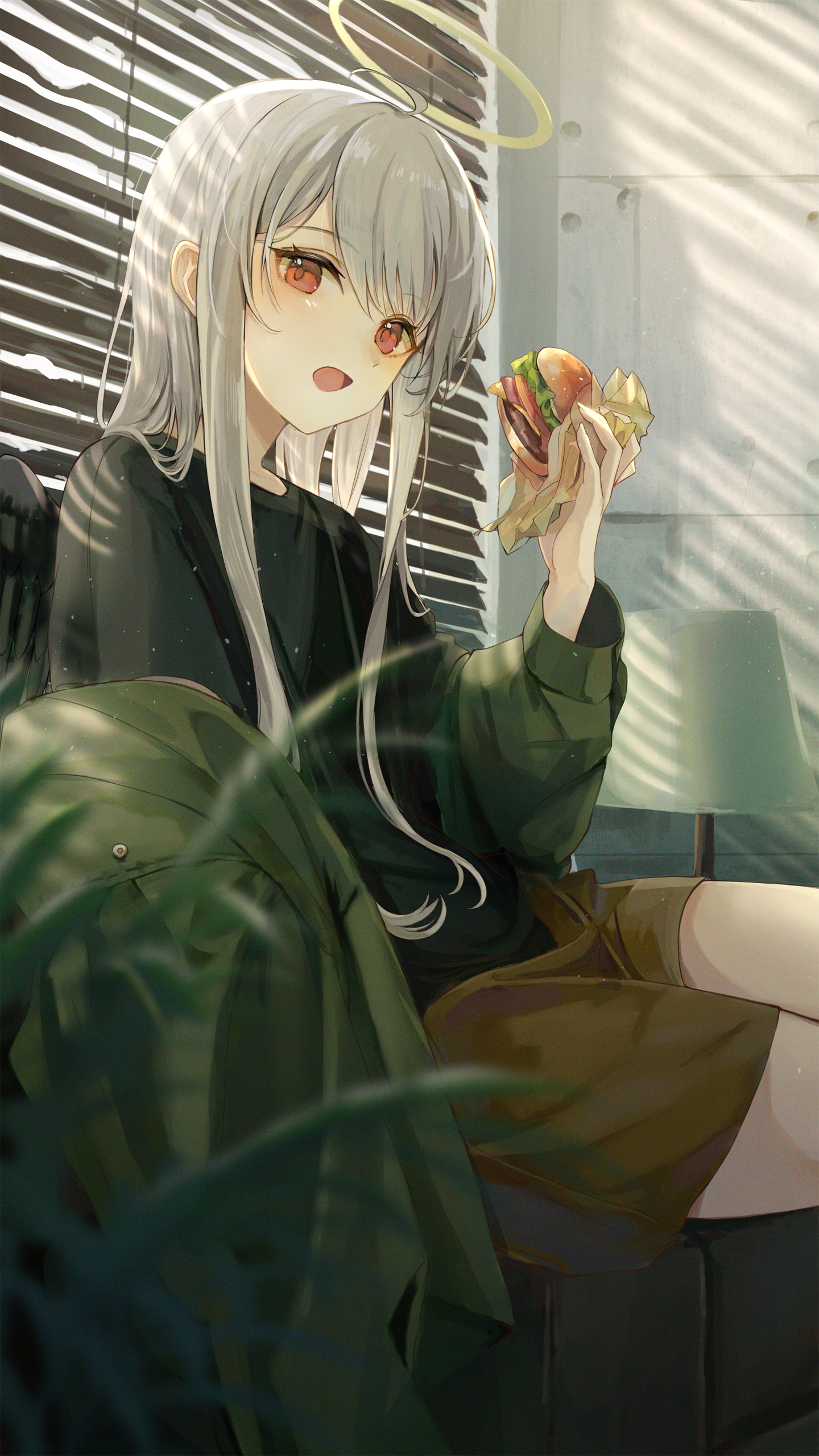 Anime Anime Girls Vertical Burgers Halo Perspective Wings Leaves Blinds 1440x2560