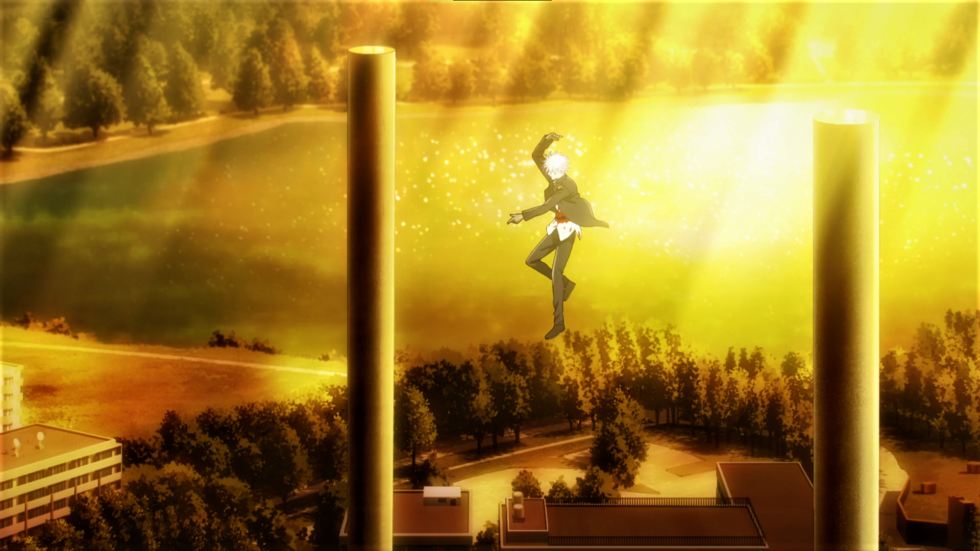 Jujutsu Kaisen Satoru Gojo Floating Trees Sunlight Building White Hair Uniform Water Anime Anime Scr 1920x1080