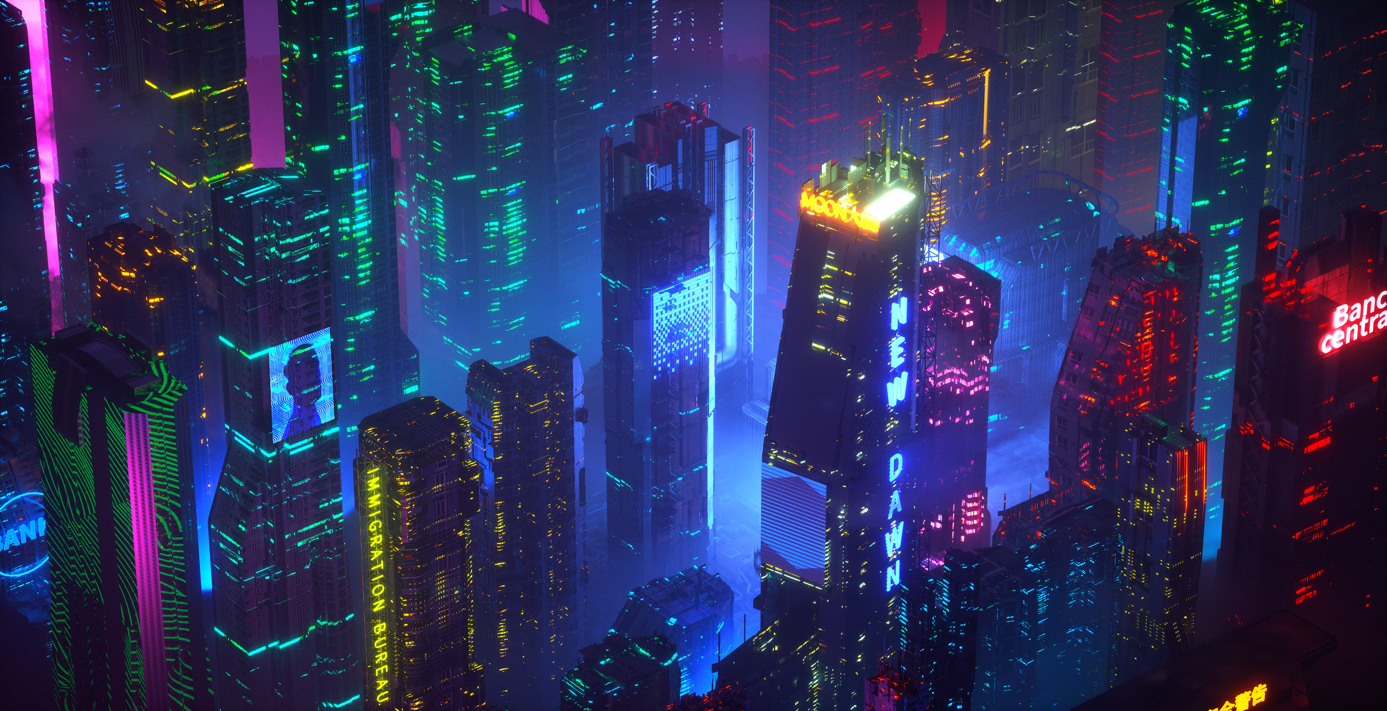 Cityscape Digital Art Neon Cyberpunk Building Lights 2800x1436