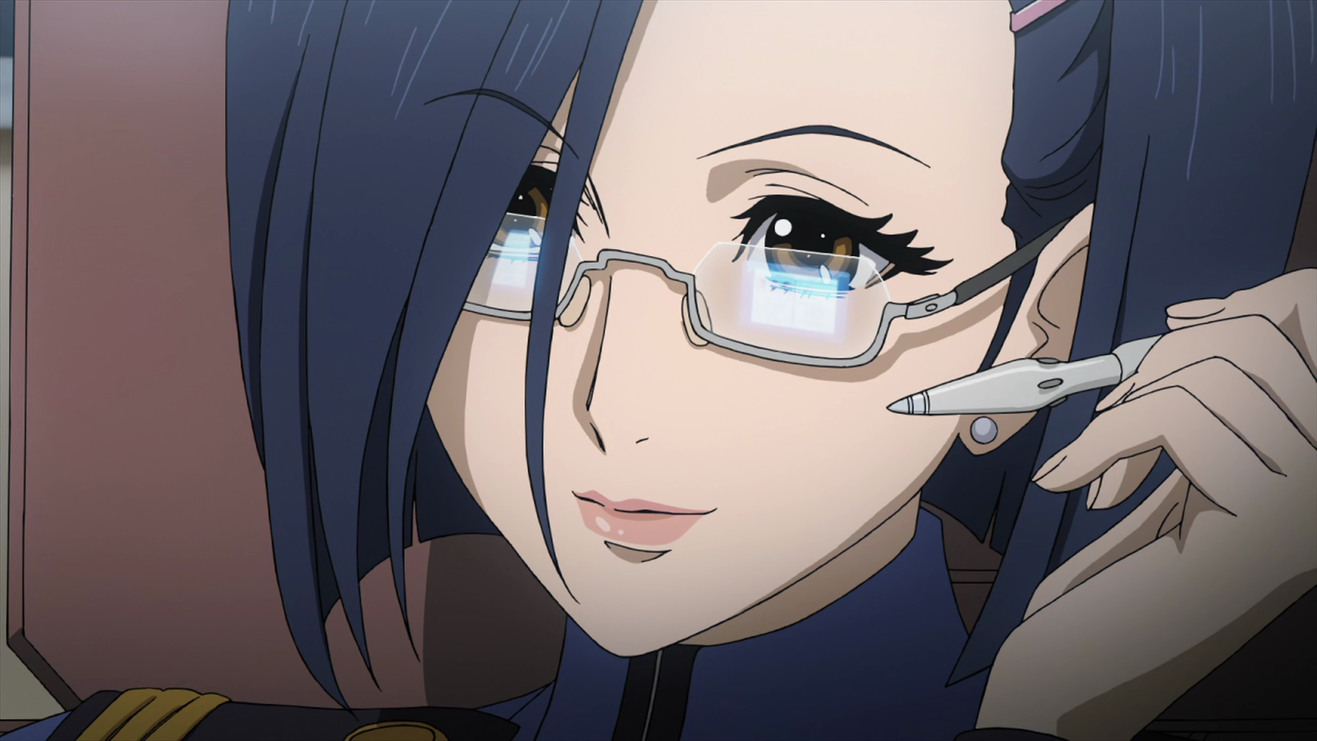 Space Battleship Yamato 2199 Blue Hair Anime Screenshot Brown Eyes Glasses Smiling Pens Kaoru Niimi  1920x1080