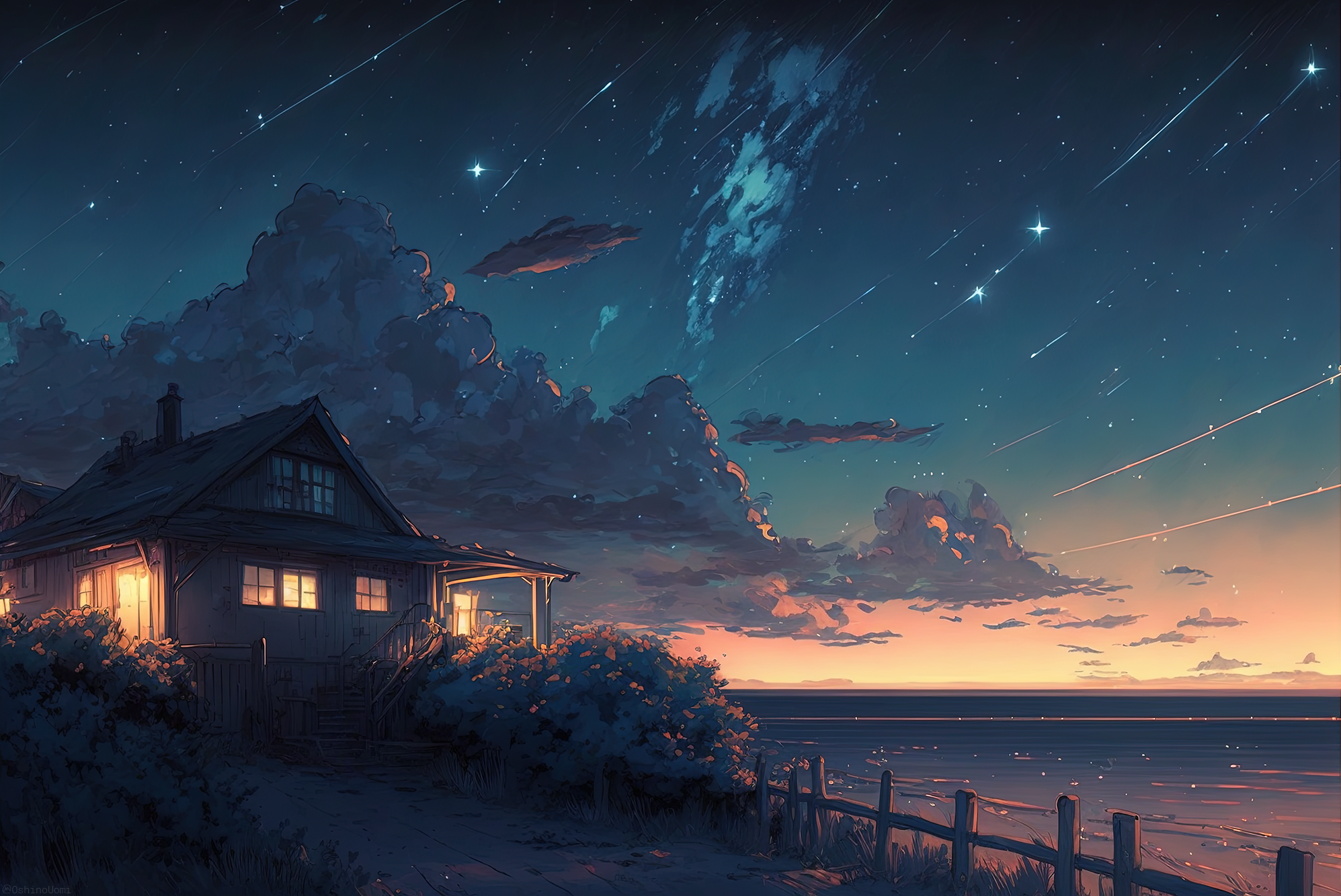 Uomi Illustration Artwork Ai Art Landscape Clouds House Sky Starry Night Sea Stars Night 1995x1333