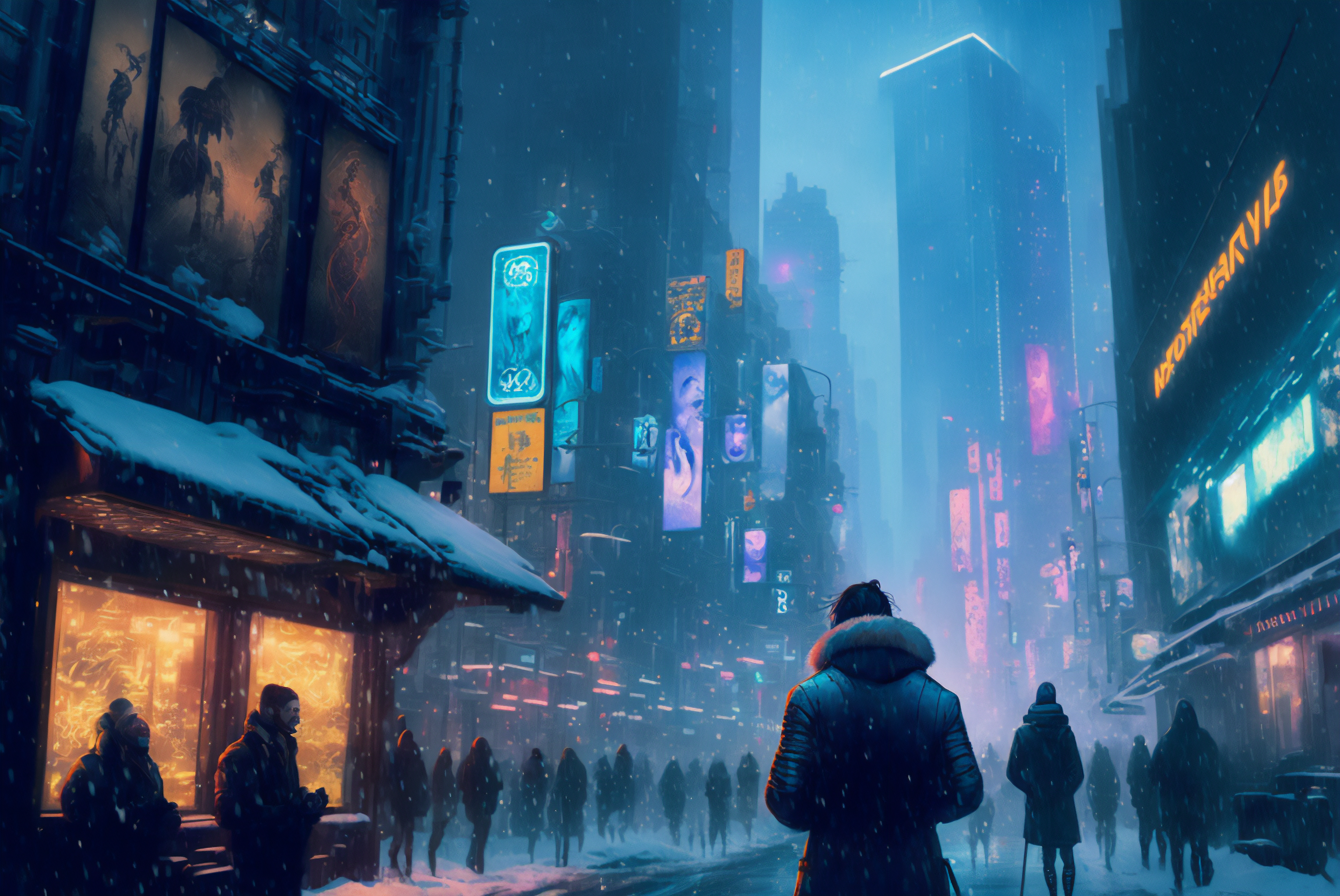 Ai Art Snow Winter City Cyberpunk City Lights 3060x2048
