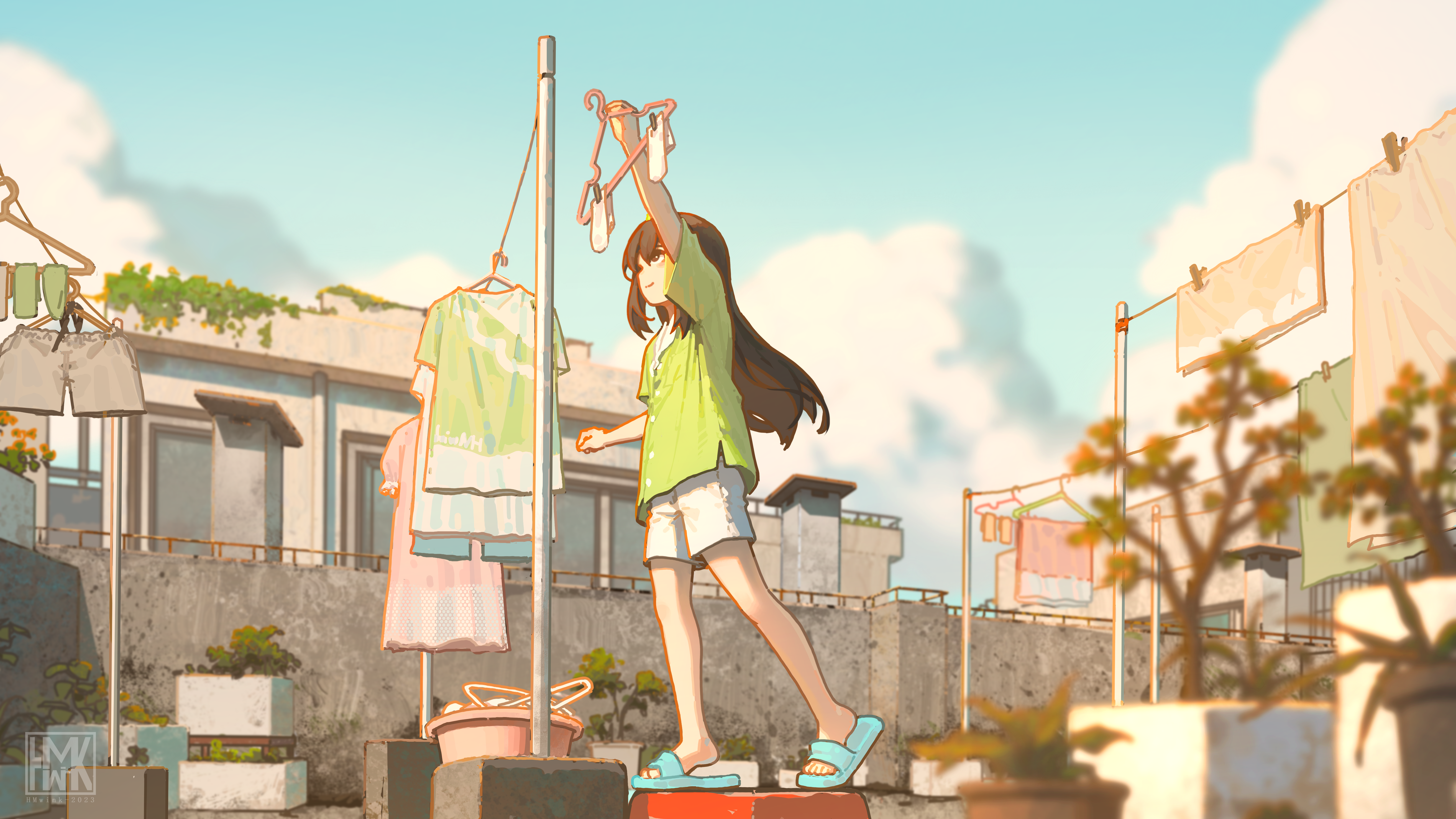 Yun Xi Original Characters One Arm Up Laundry Anime Girls Long Hair Sky Clouds Plants Standing Build 5255x2957