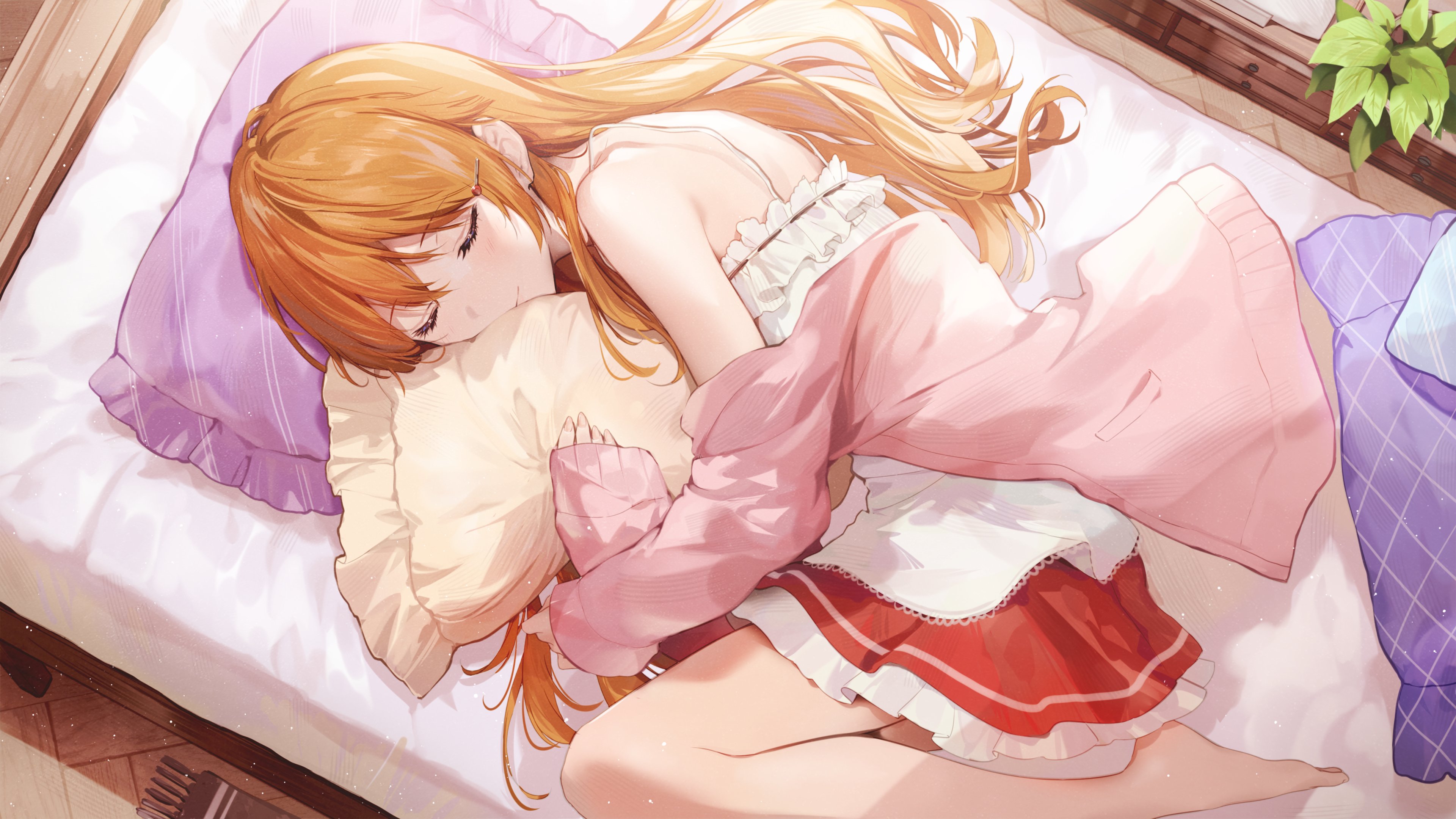 Anime Anime Girls Redhead Closed Eyes Sleeping 3840x2160