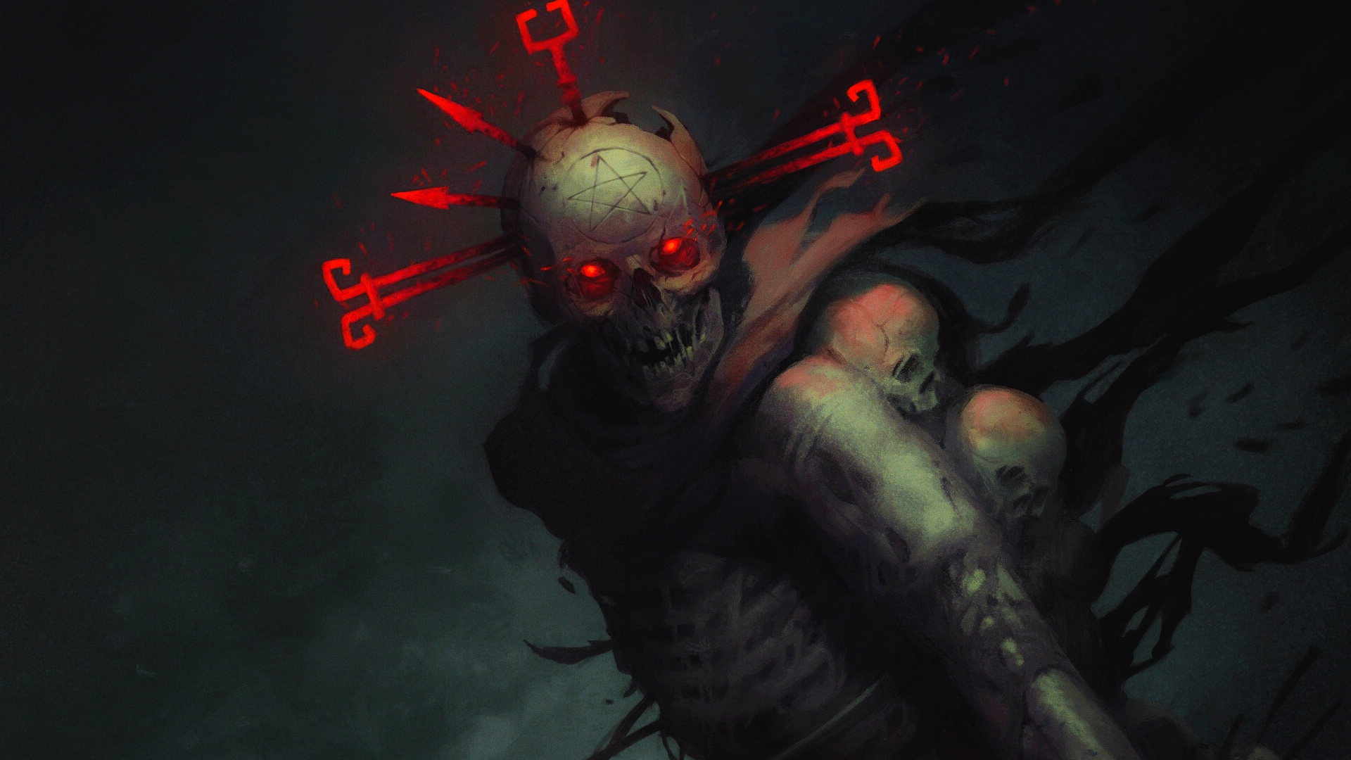 Skull And Bones Skull Horror Artwork Dark Dark Fantasy Smiling Shadow Red Eyes DOOM Eternal Looking  1920x1080
