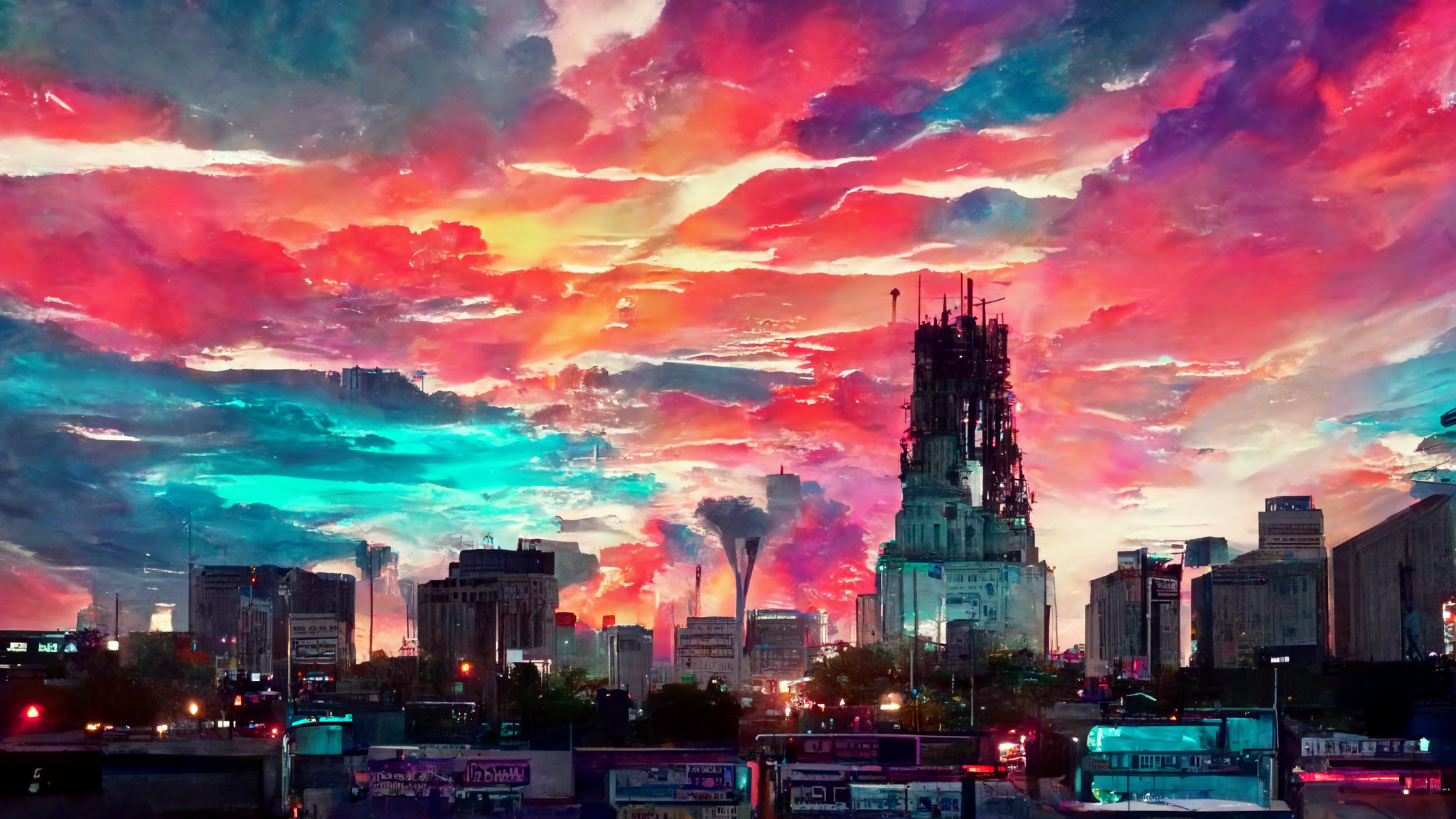 Ai Clouds Vaporwave City Sunset Red Sky House Fantasy City 2048x1152