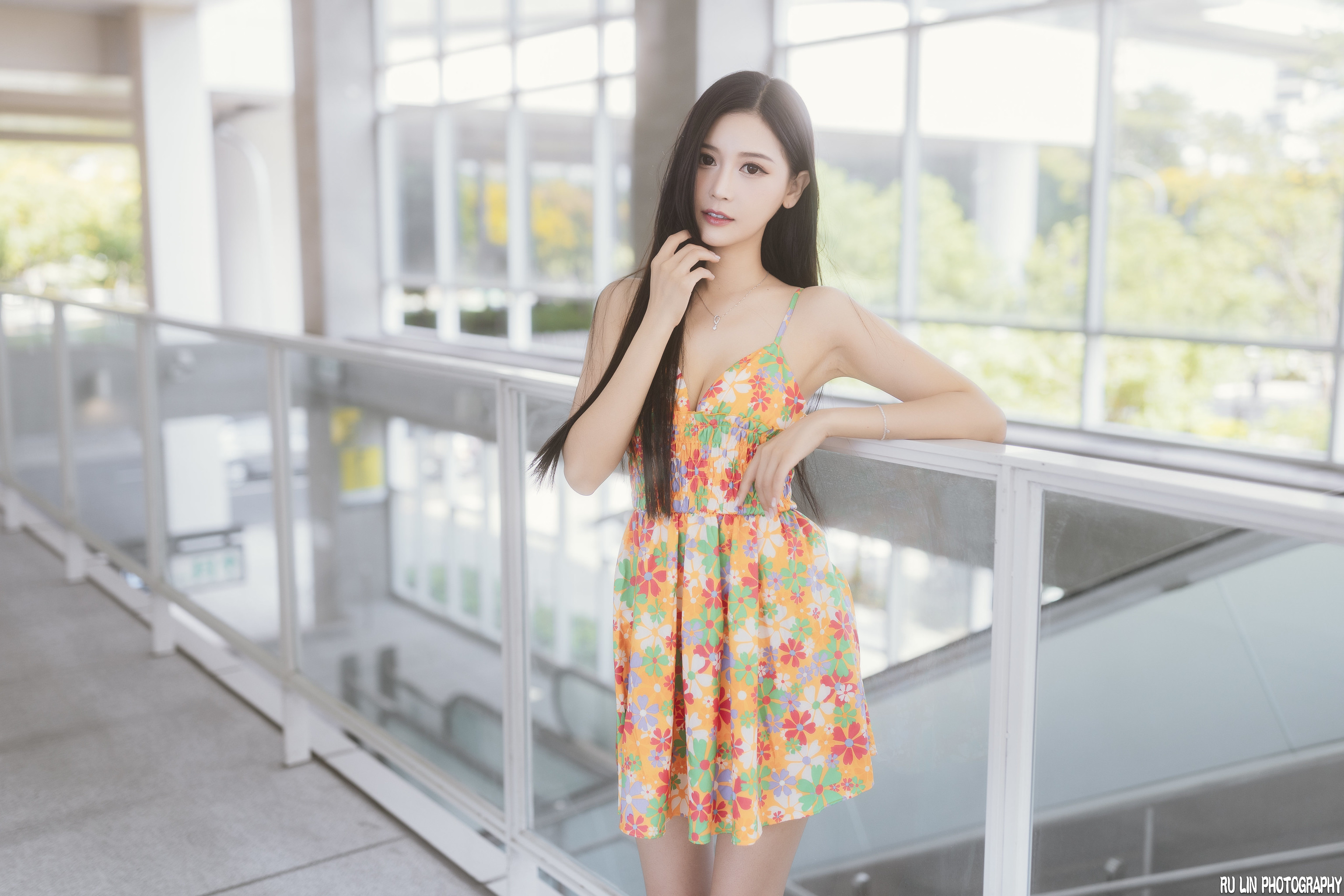 Women Asian Brunette Long Hair Straight Hair Dress Flower Dress Fence Indoors Makeup Model Women Ind 3072x2048