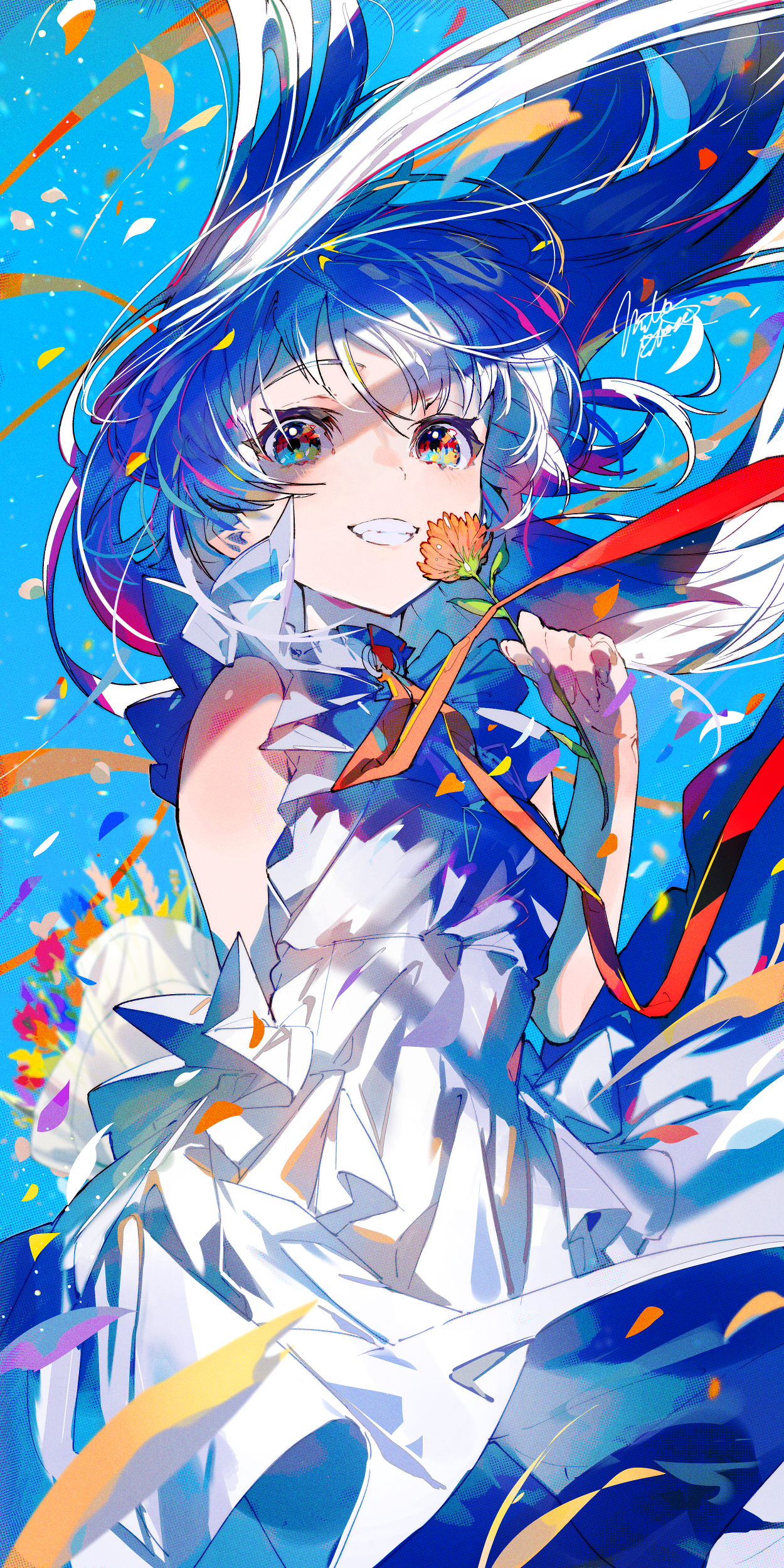 Original Characters Blue Hair Anime Girls Vocaloid Hatsune Miku Flowers Multi Colored Eyes 1250x2500