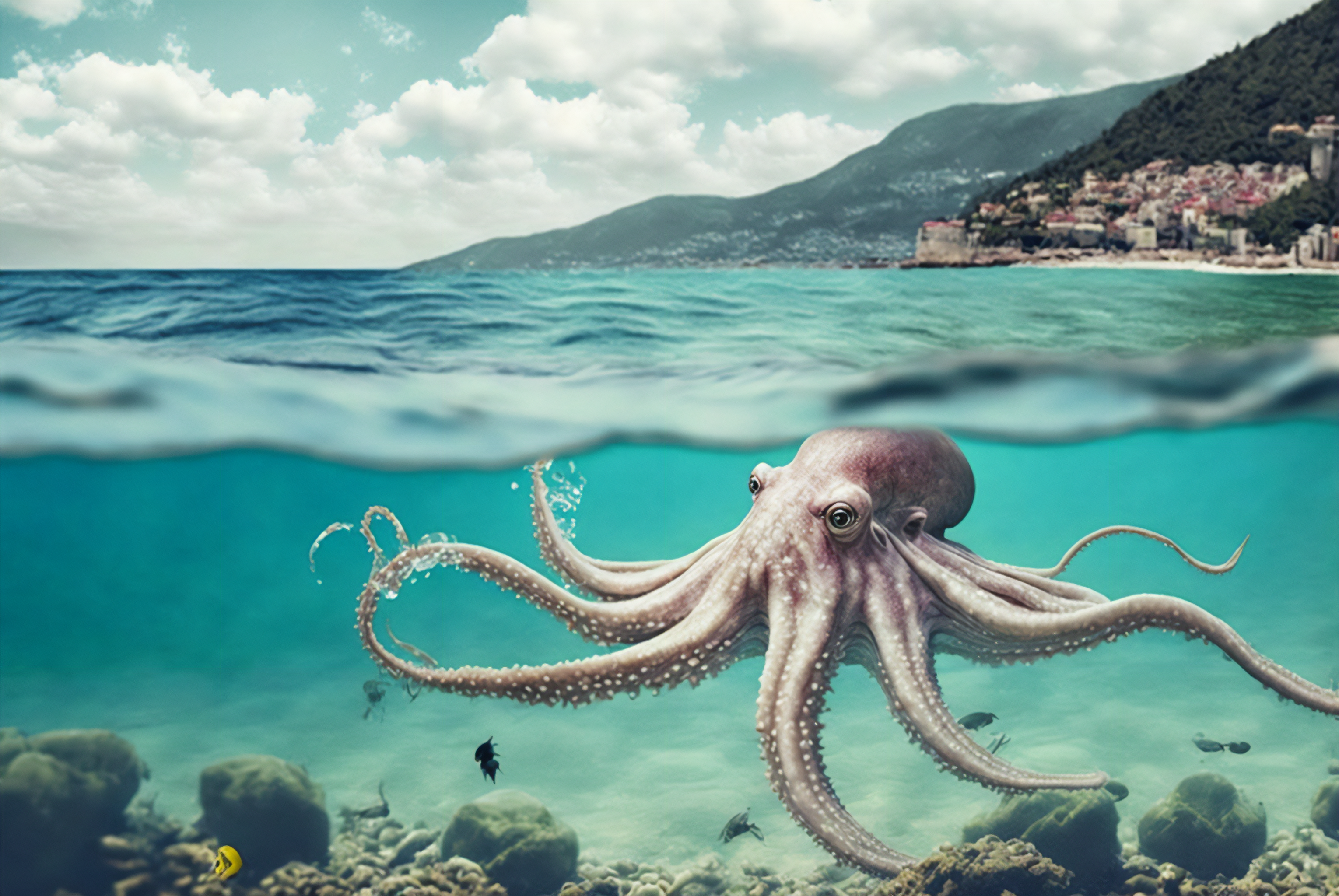 Ai Art Octopus Underwater Sea Mediterranean Sea Animals Water Fish Mountains Clouds 3060x2048