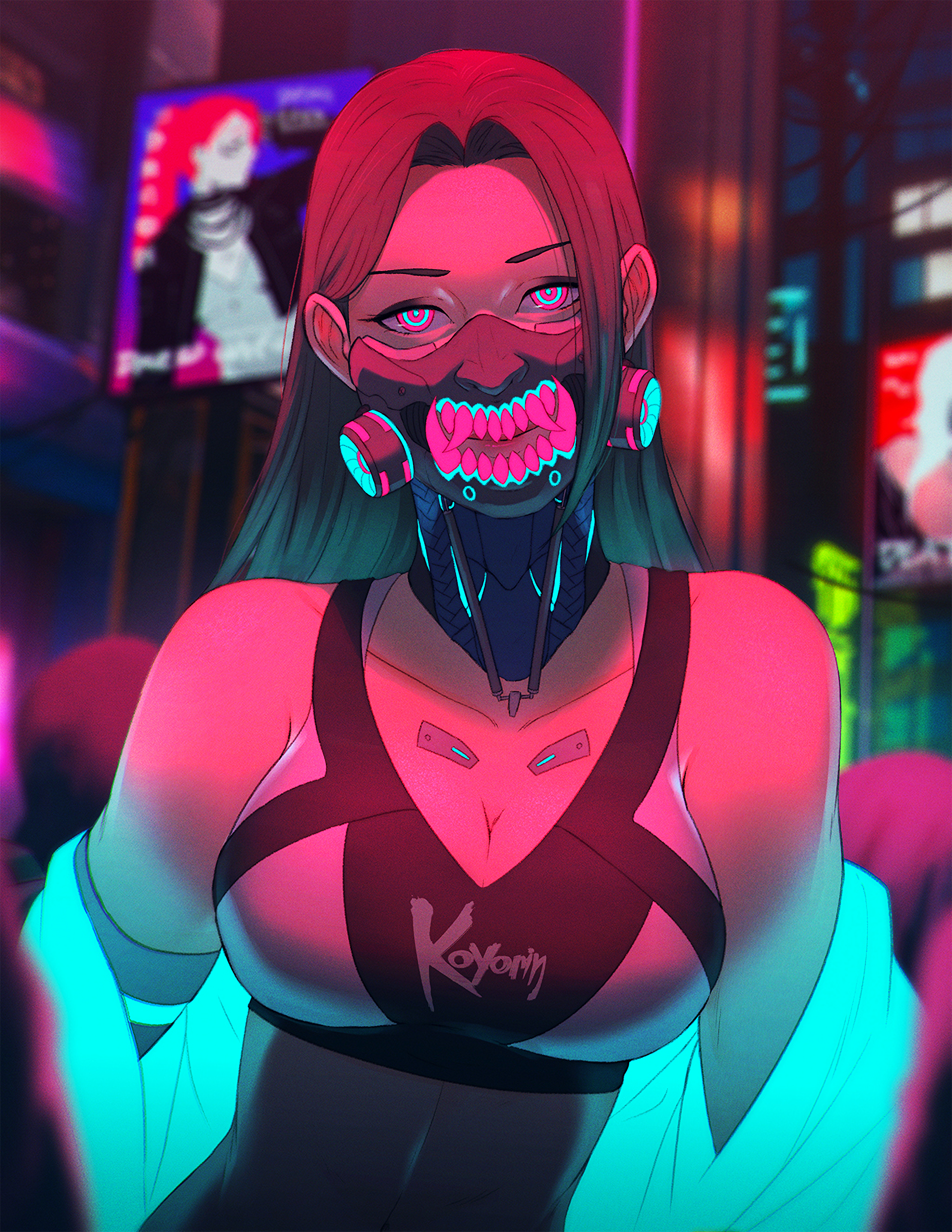Koyorin Cyberpunk Cyberpunk Samurai Neon Colorful Futuristic Anime Girls Gas Masks Mask Vertical 1920x2484