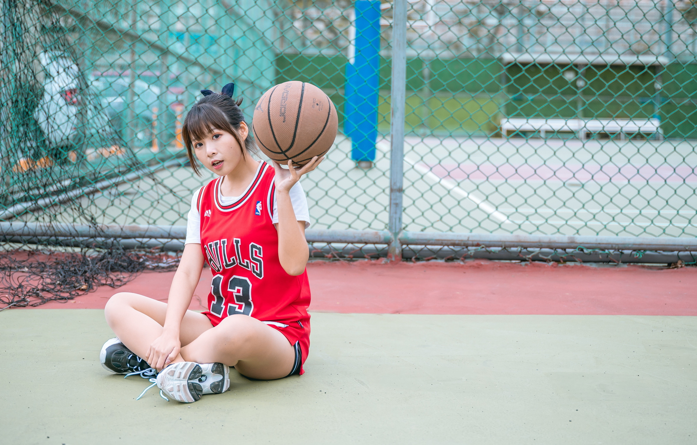 Asian Model Women Dark Hair Long Hair Sitting Legs Crossed Basketball Sneakers Hair Ribbon Fence Chi 2367x1510