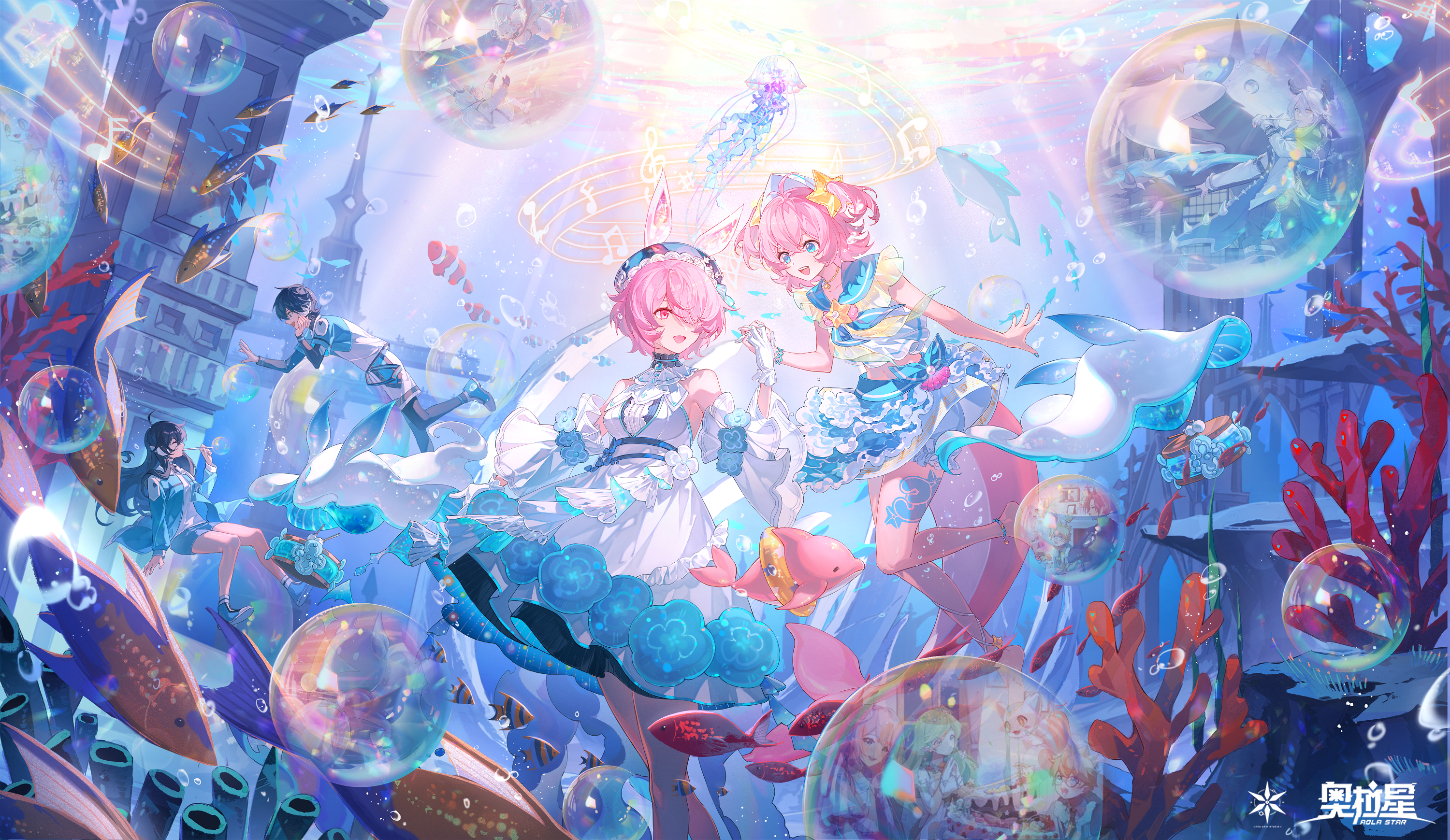 Anime Anime Girls Underwater Water Sunlight Hair Over One Eye Gloves Fish Bubbles Musical Notes Anim 3000x1739