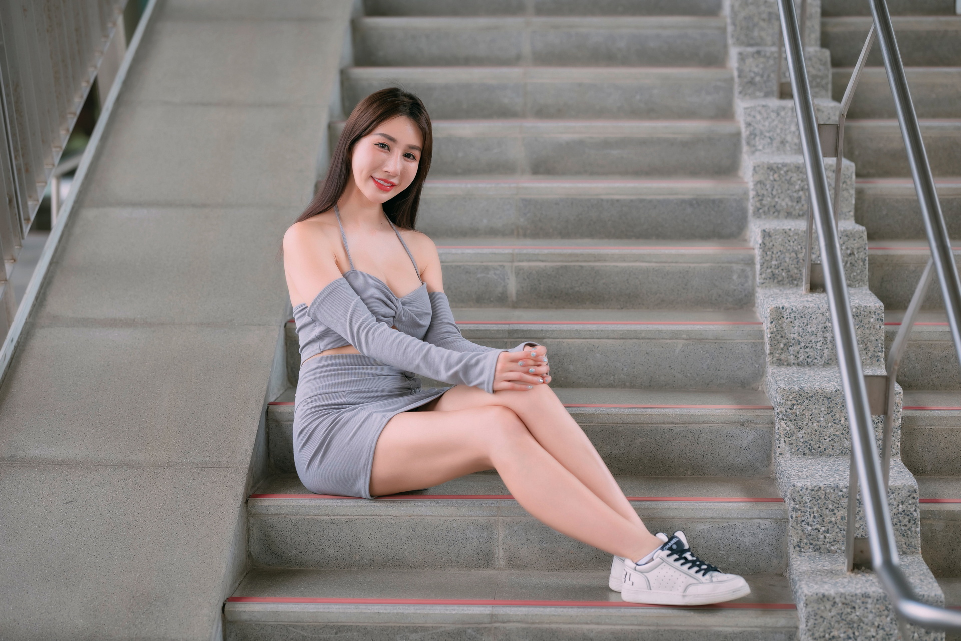 Asian Model Women Long Hair Dark Hair Sitting Stairs Sneakers Grey Skirt Grey Tops Iron Railing 1920x1280