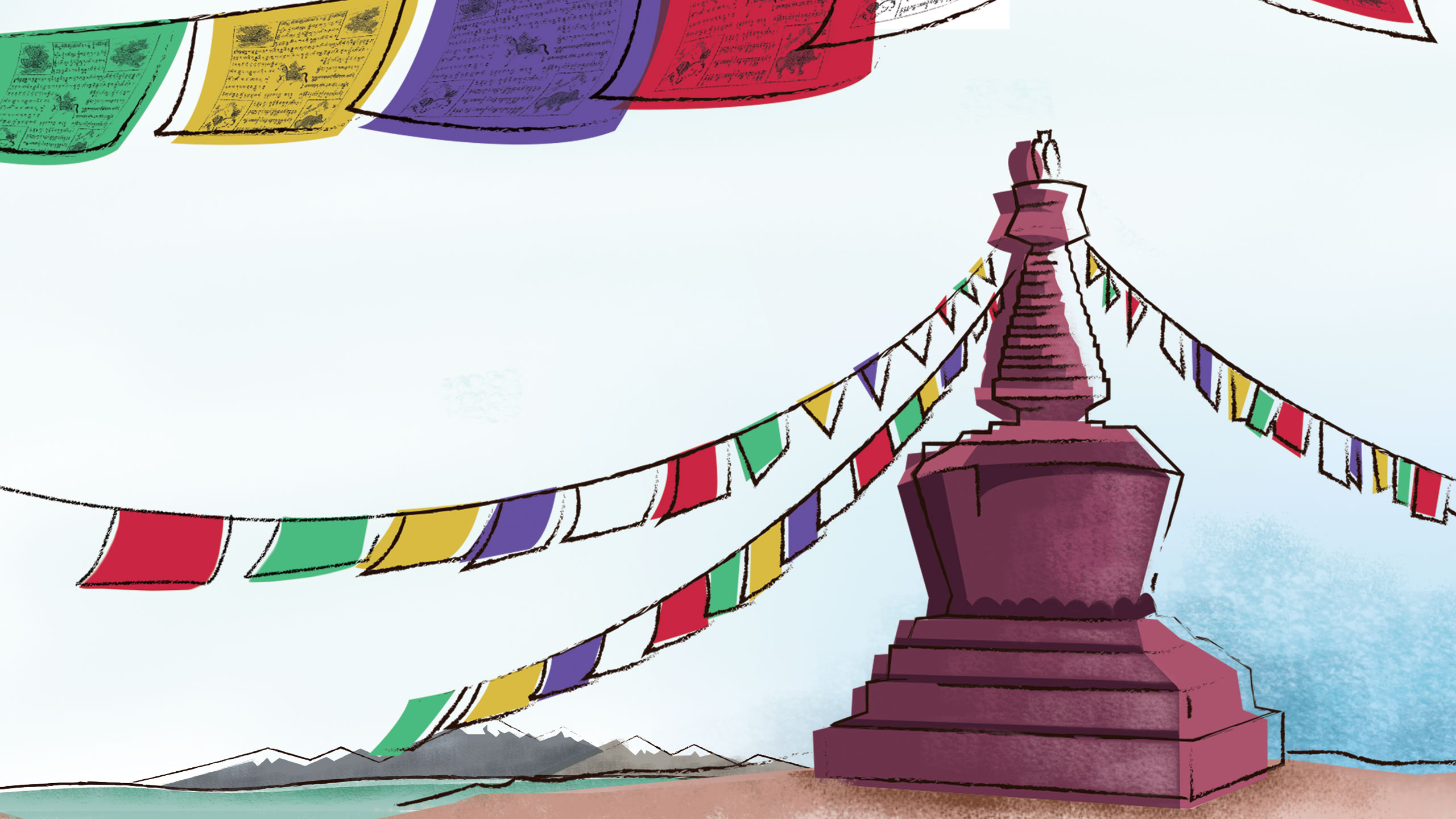 Tibet Flag Artwork Buddhism Drawing Mountains Snowy Peak 2560x1440