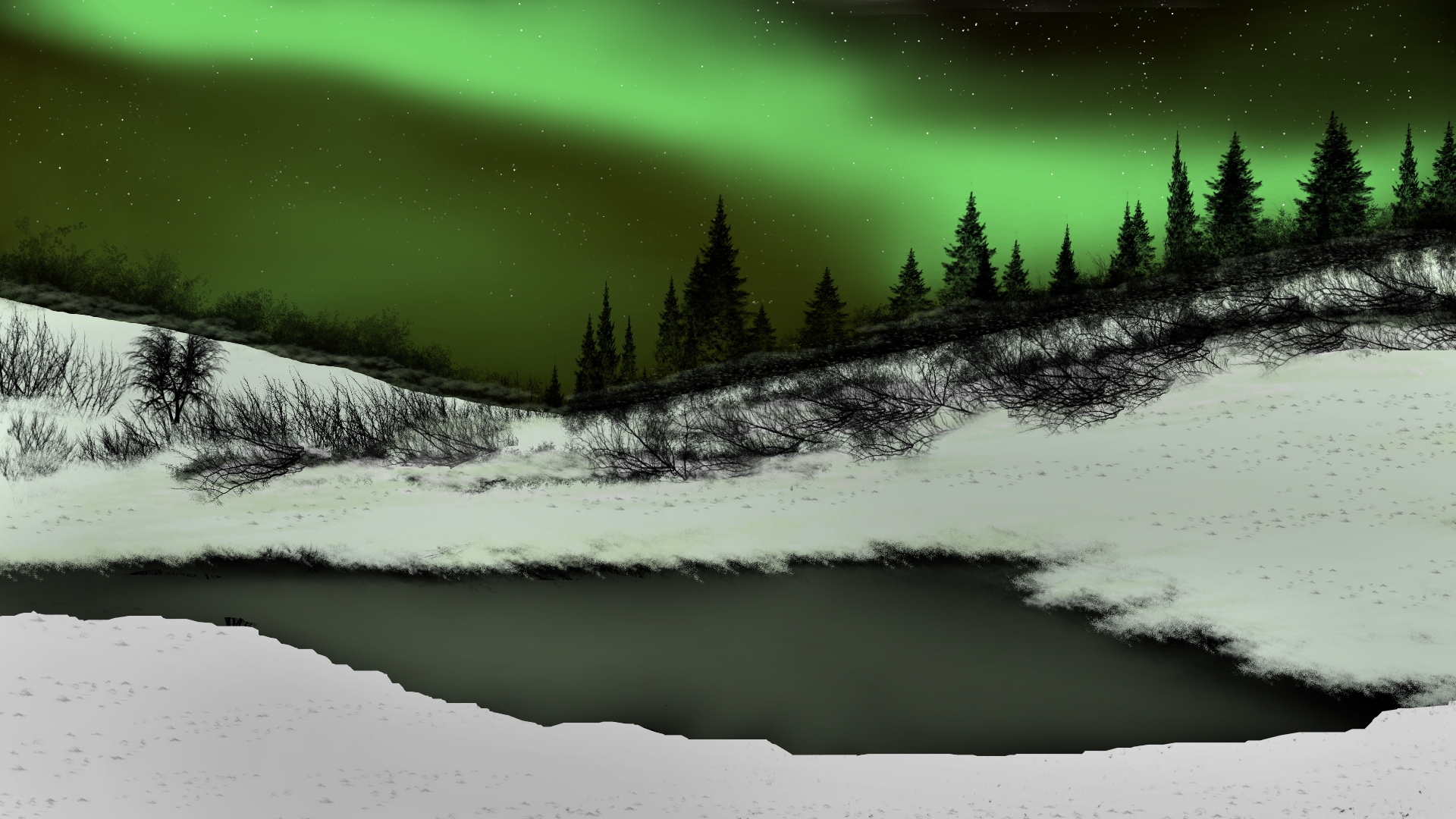 Digital Painting Digital Art Winter Nature Landscape Aurorae Trees Snow 1920x1080