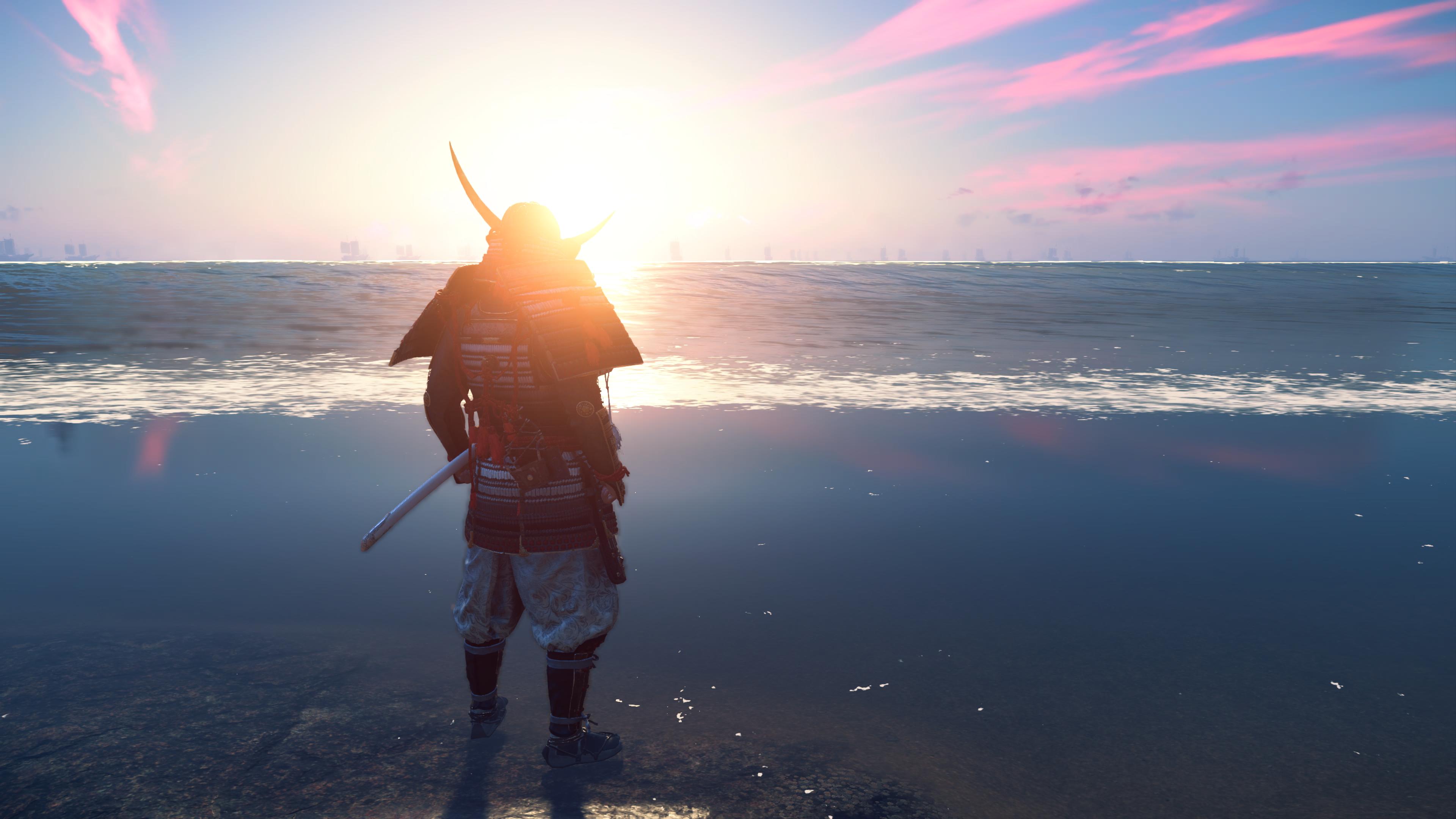 Ghost Of Tsushima Video Games Video Game Characters CGi Armor Water Sunset 3840x2160