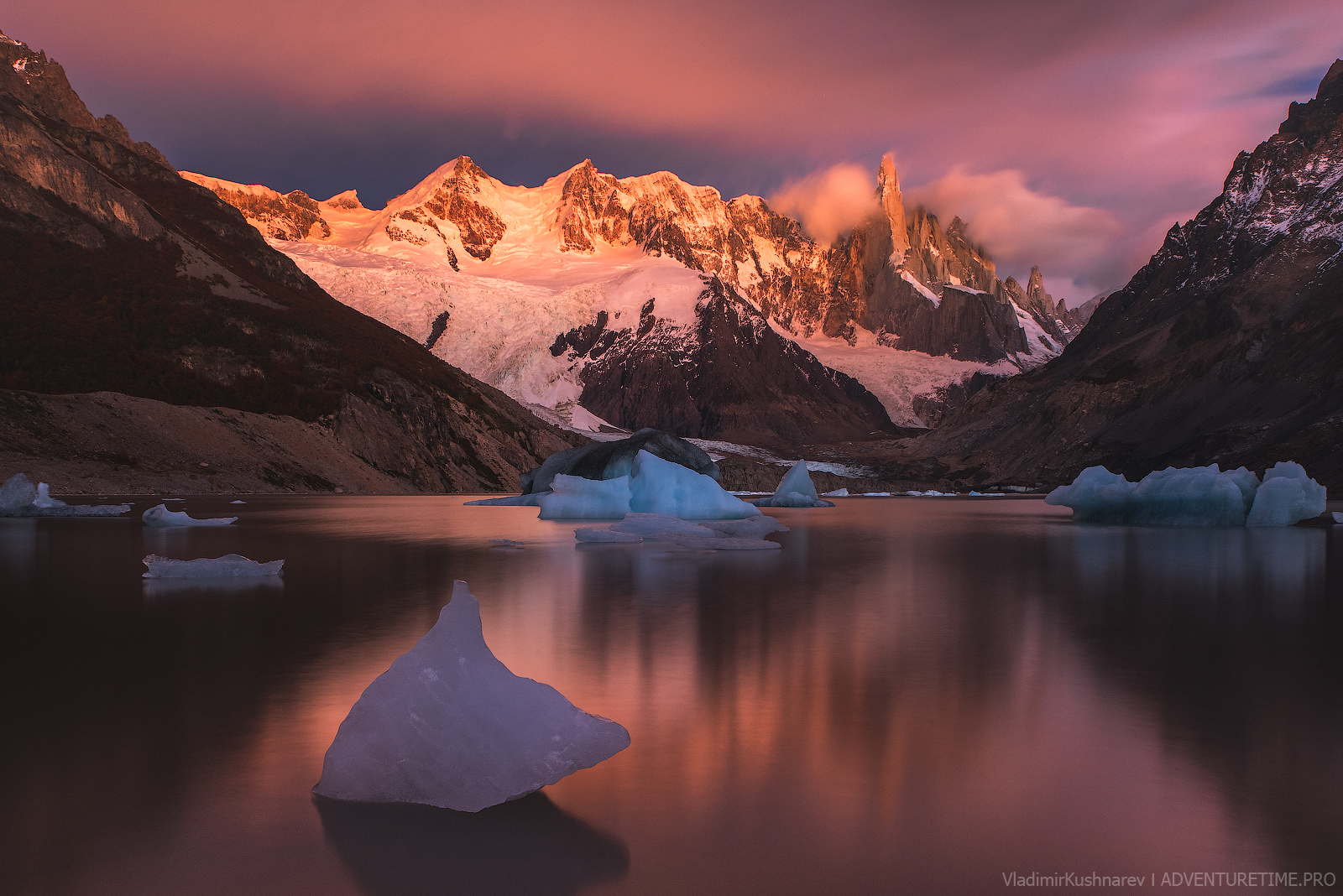 Vladimir Kushnarev Landscape Mountains Snow Golden Hour Ice Lake Horizon Sky Patagonia 1600x1068