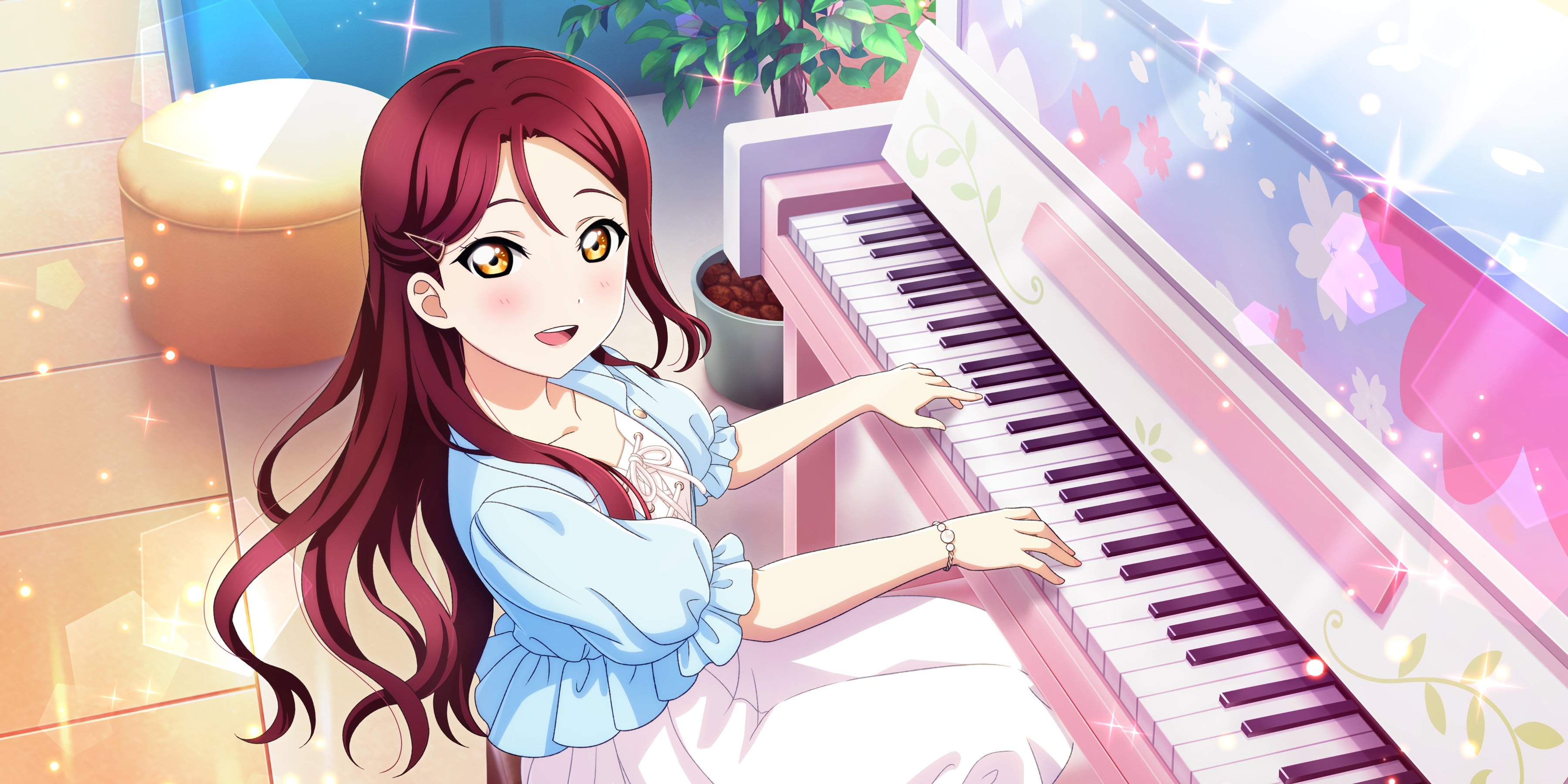 Sakurauchi Riko Love Live Sunshine Love Live Anime Anime Girls Piano Sparkles Blushing Musical Instr 3600x1800