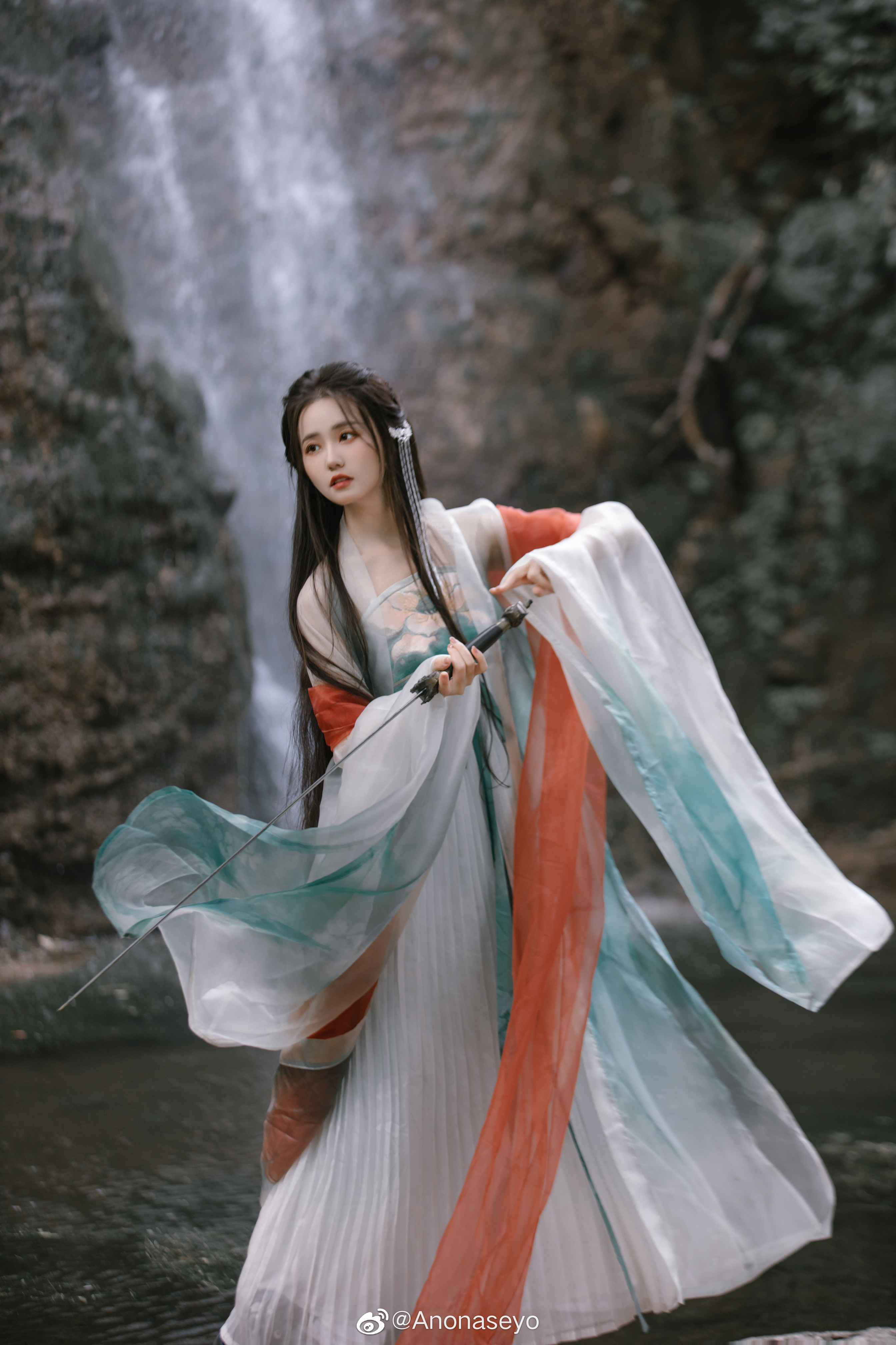 Women Asian Women With Swords Chinese Dress Waterfall 2688x4032