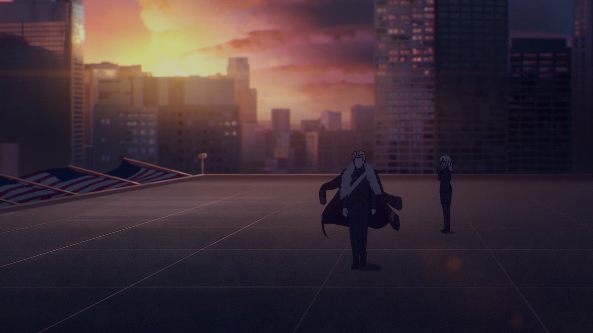 Fate Series Fate Strange Fake Anime Anime Screenshot City Sunset Sunset Glow Building Rooftops Flag  1920x1080