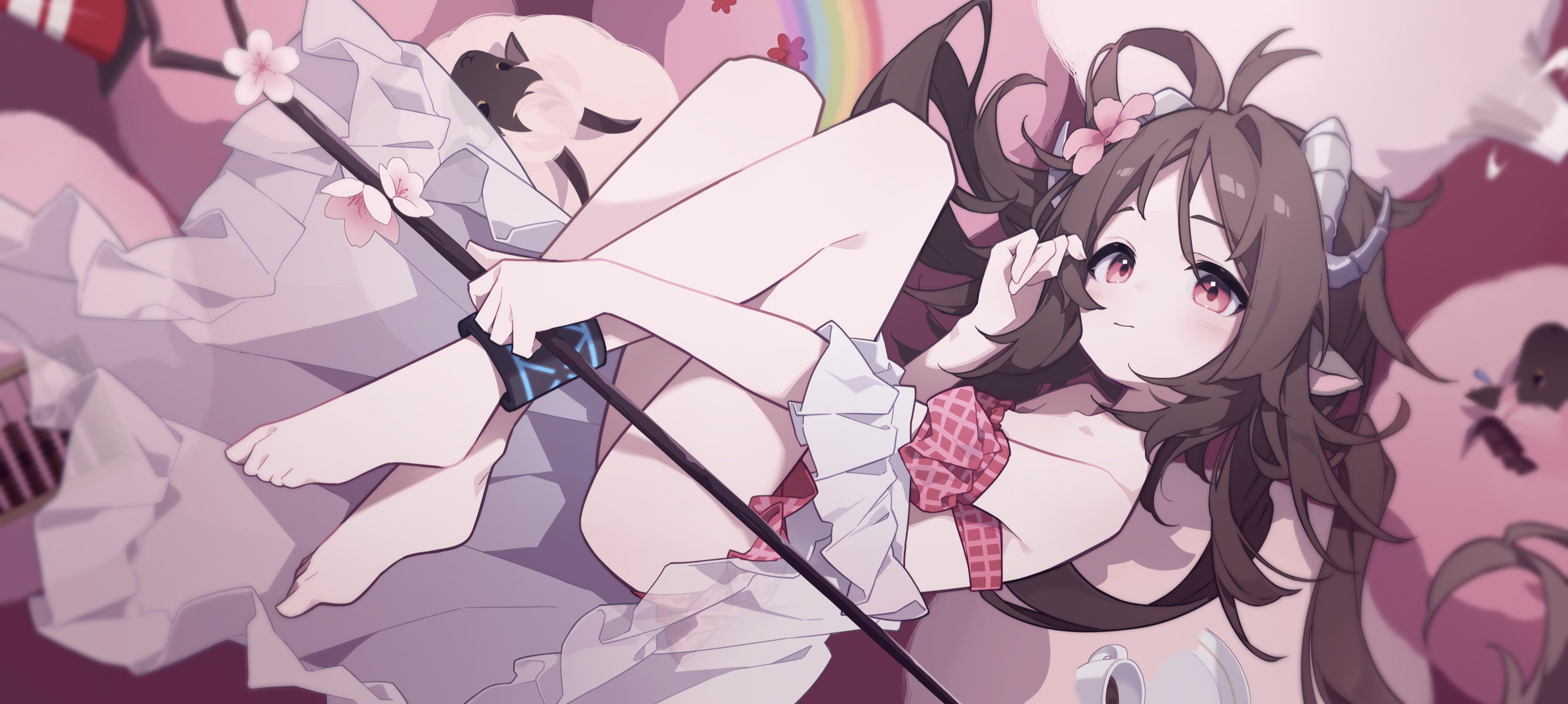 Anime Anime Girls Eyjafjalla Arknights Arknights Pointy Ears Smiling Looking At Viewer Brunette Pink 3600x1616