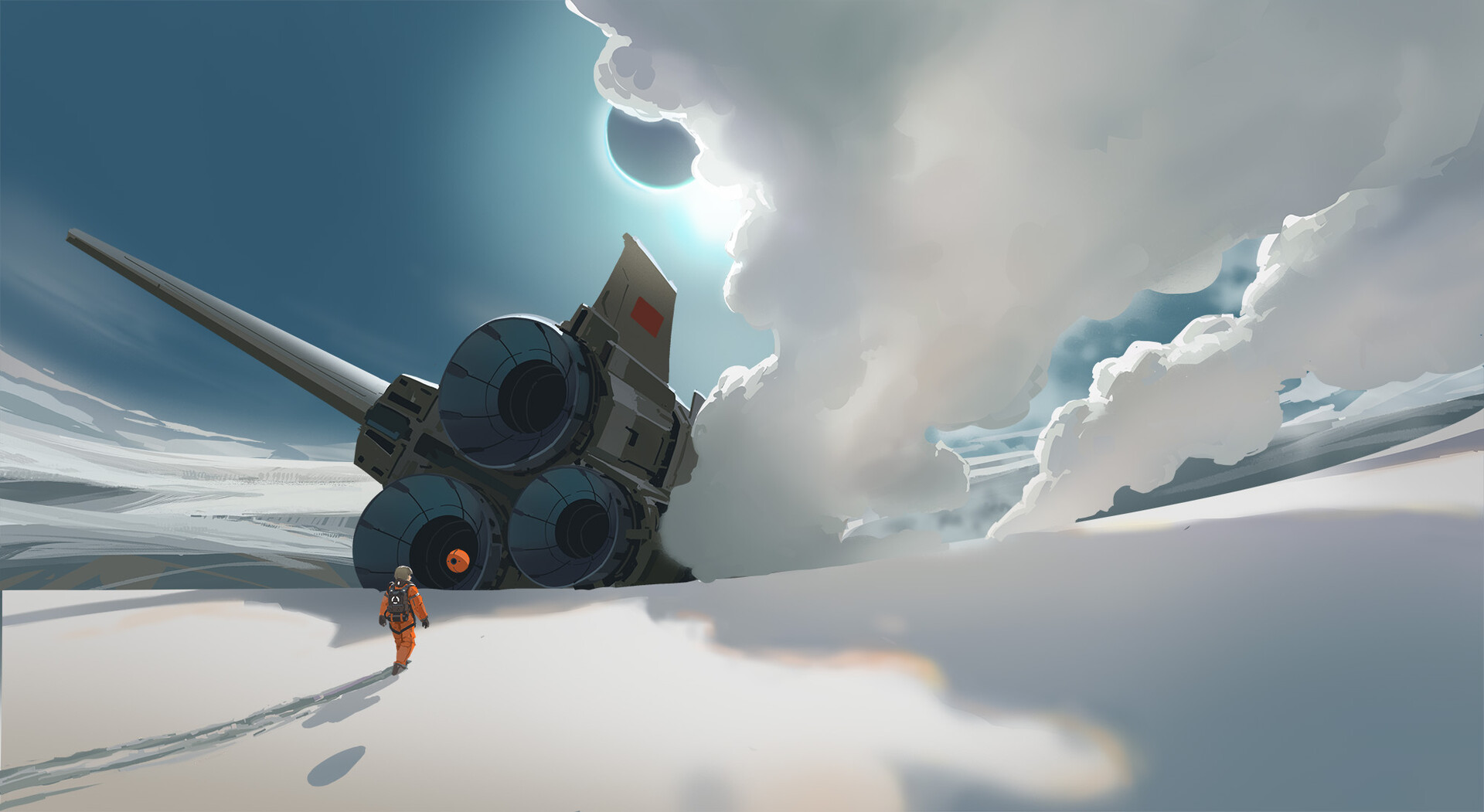 Artwork Vehicle Science Fiction Ice Landscape Spaceship Anime Snow Smoke Sky 1920x1051
