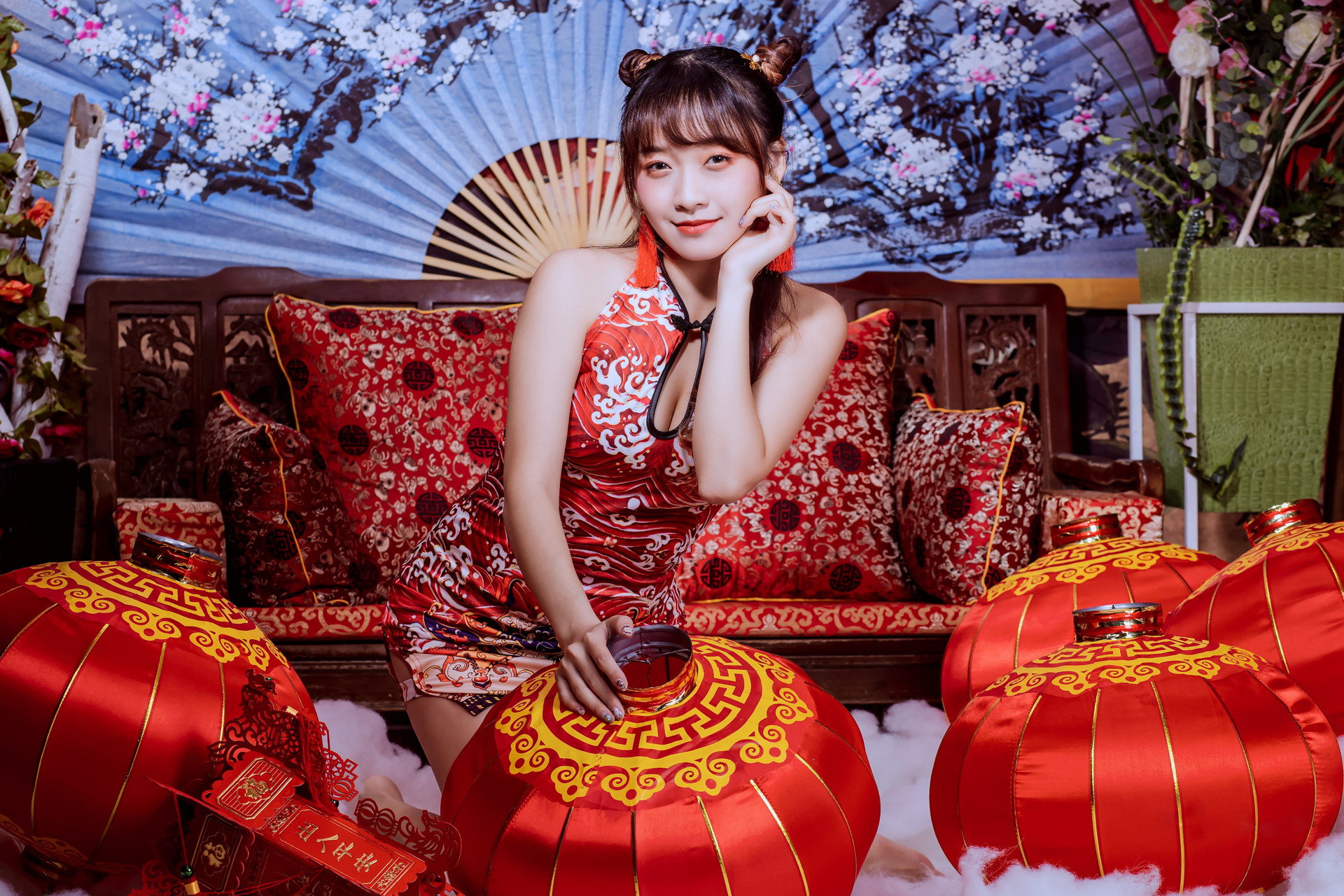Asian Model Women Dark Hair Long Hair Pillow Chinese Lantern Traditional Clothing Couch 1920x1280