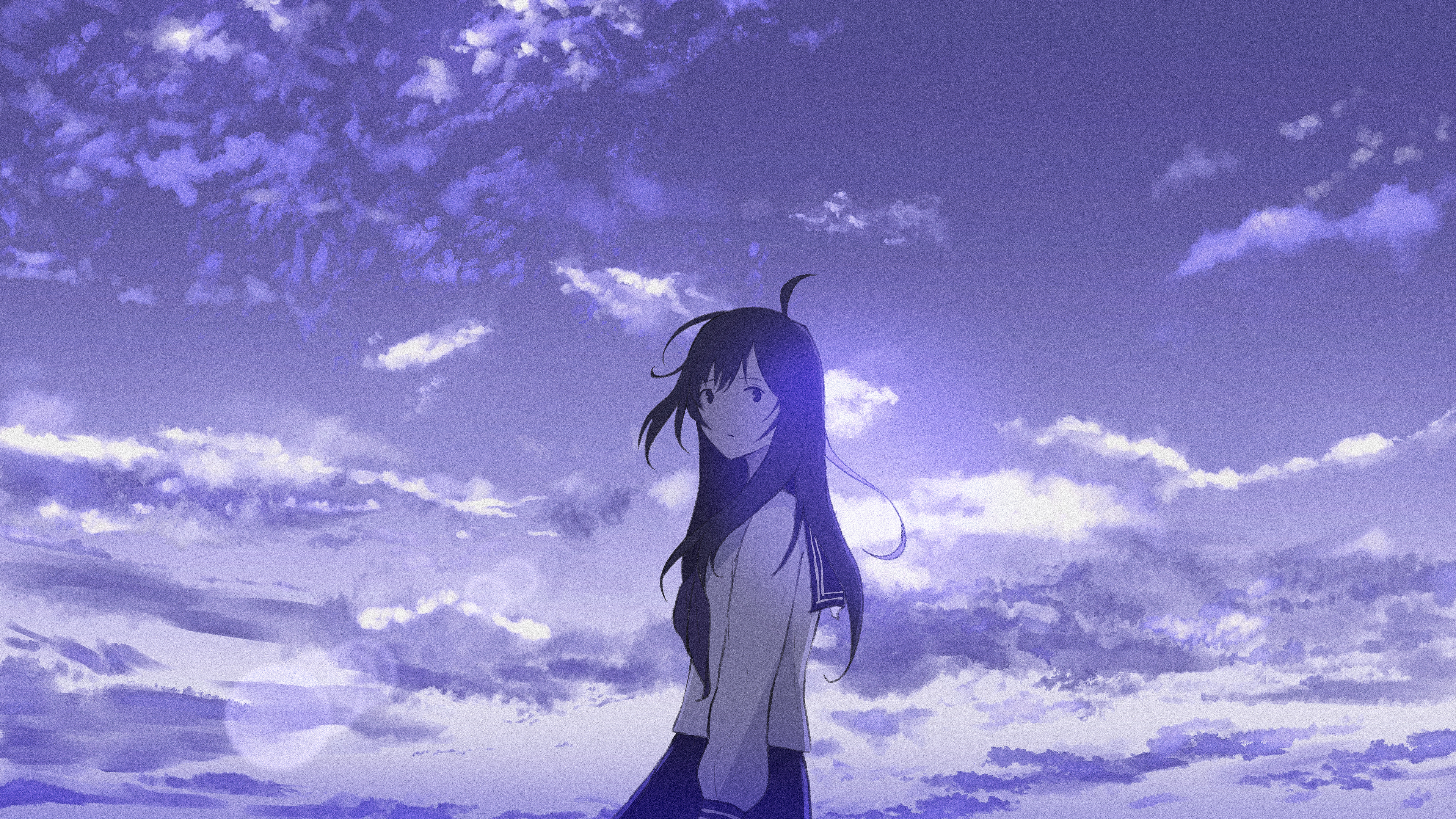 Oka Kojiro Illustration Anime Girls Women School Uniform Sky Clouds Violet Long Hair Black Hair Look 3840x2160