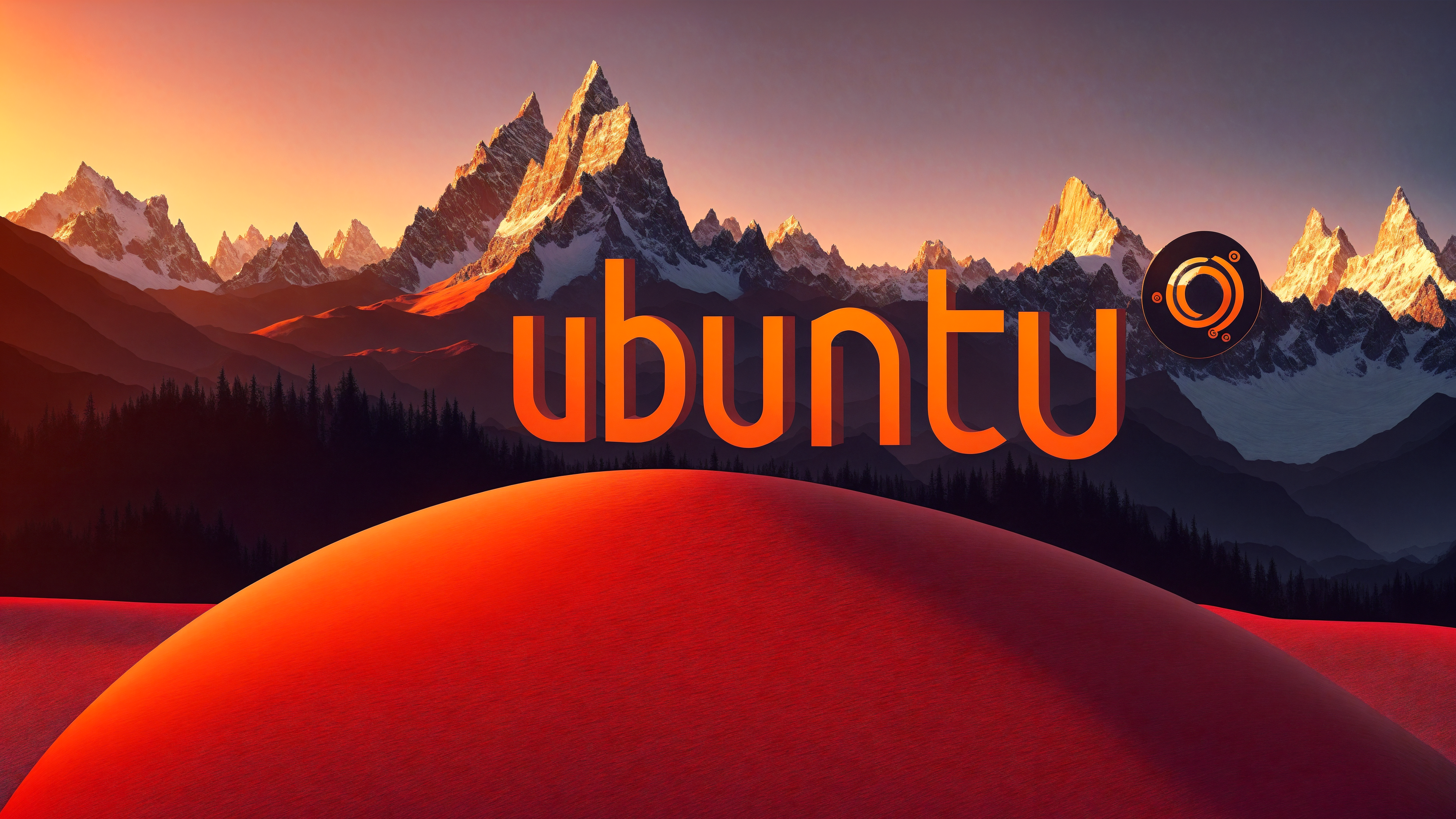 Ubuntu Ai Art Mountains Forest Red Orange Operating System Digital Art Text Sunset Glow Snow 3840x2160