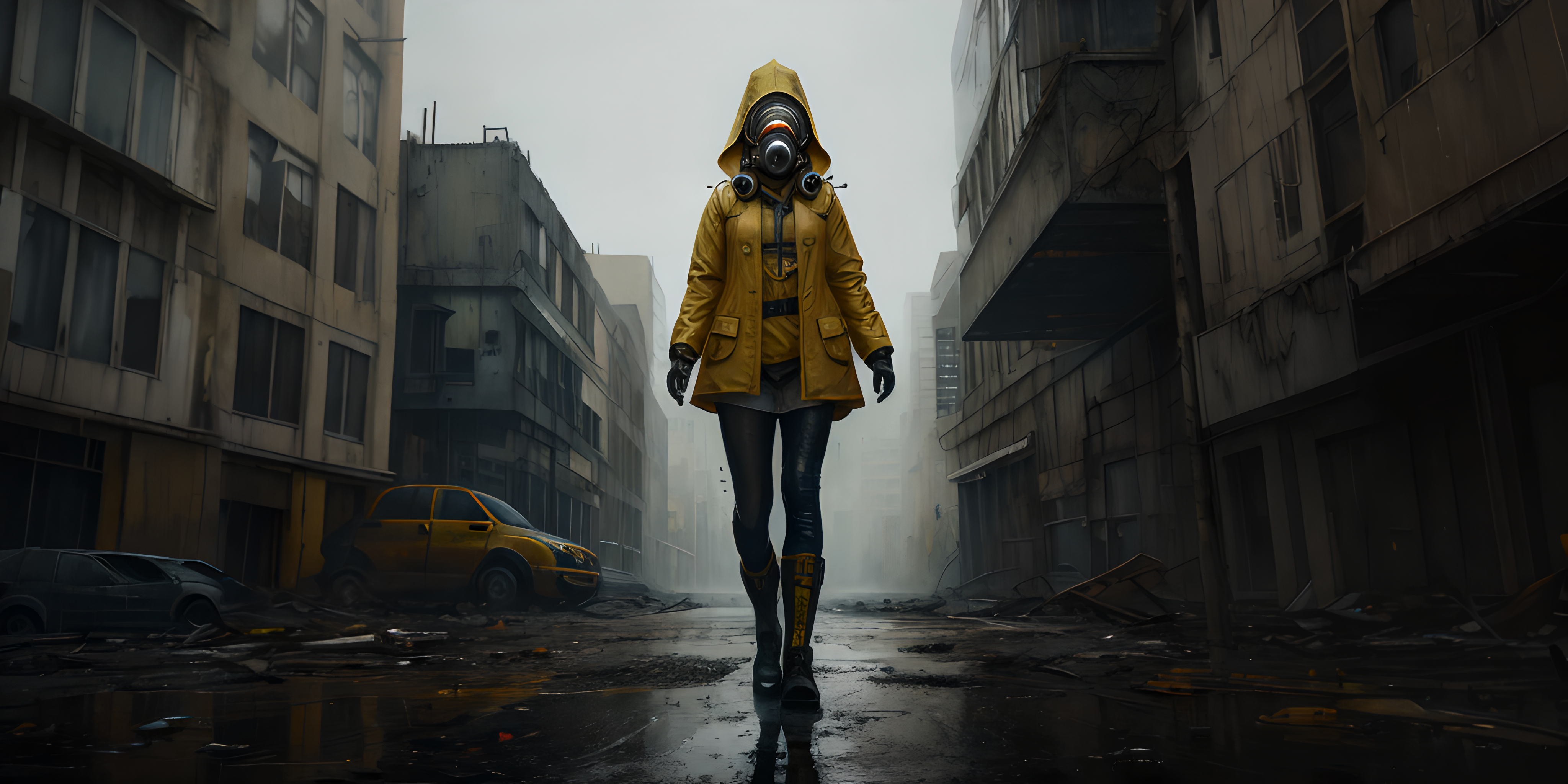 Ai Art Gas Masks Women Apocalyptic Raincoat Yellow Raincoat Doc Martens City Street Eerie 4096x2048