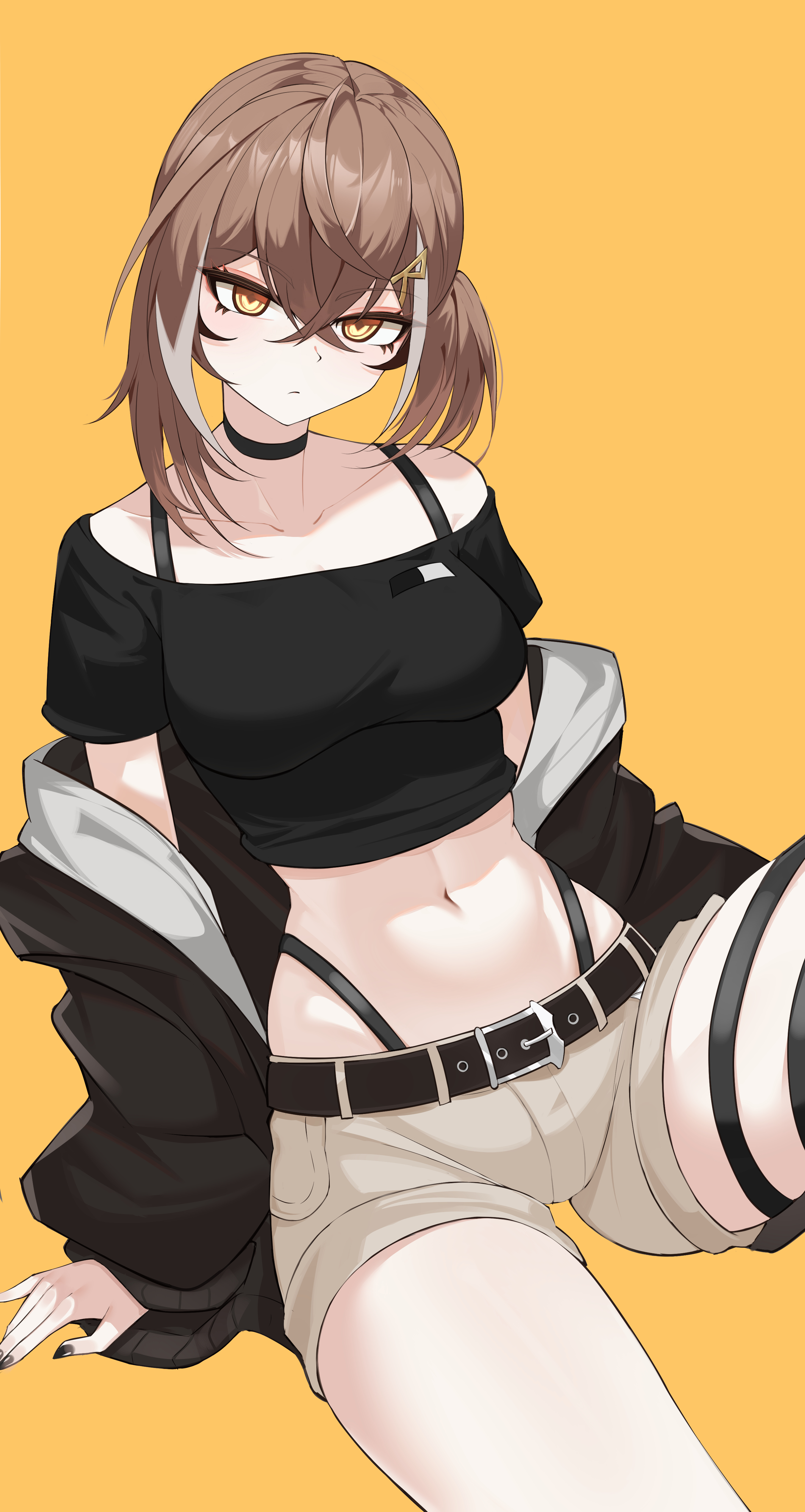 Anime Anime Girls Digital Art Artwork 2D Pixiv Looking At Viewer Bare Midriff Brunette Choker Portra 2705x5083