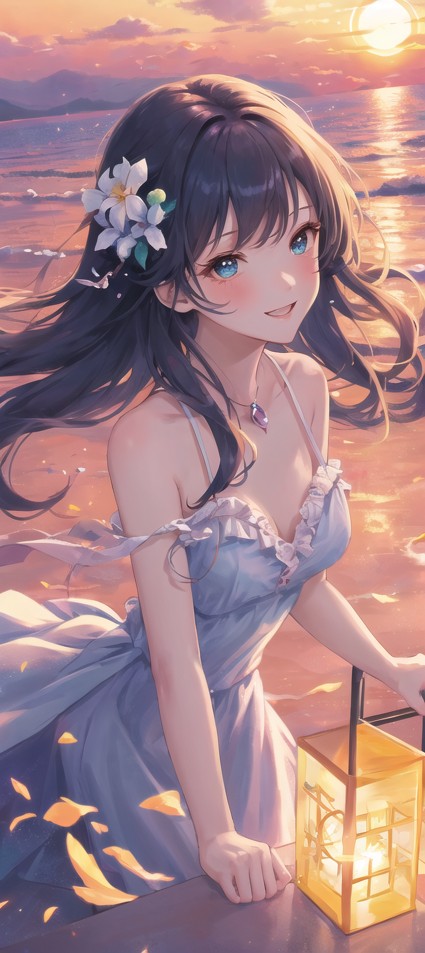 Anime Girls Ai Art Vertical Flower In Hair Dress Water Sunset Sunset Glow Necklace Looking At Viewer 1608x3600