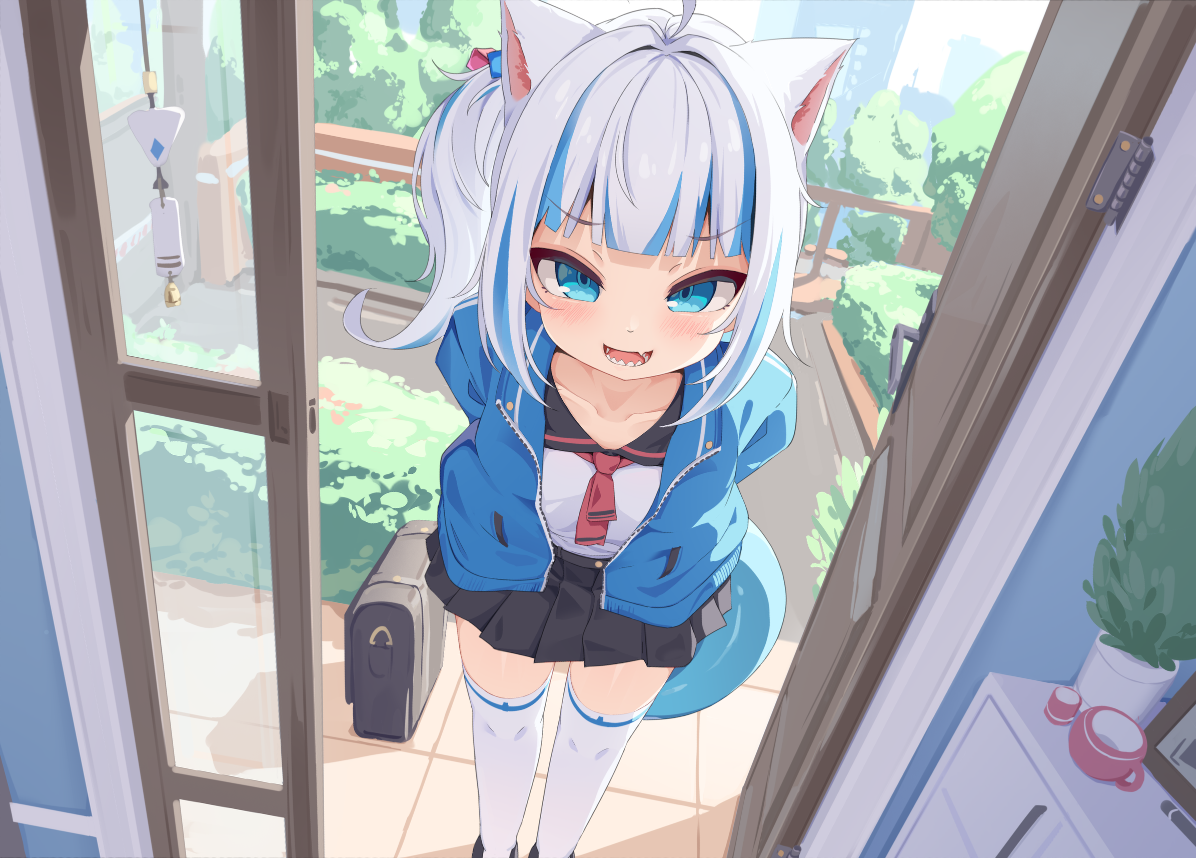 Gawr Gura Virtual Youtuber Blue Eyes Anime Girls Cat Ears Sailor Uniform Skirt Hololive Two Tone Hai 2391x1715